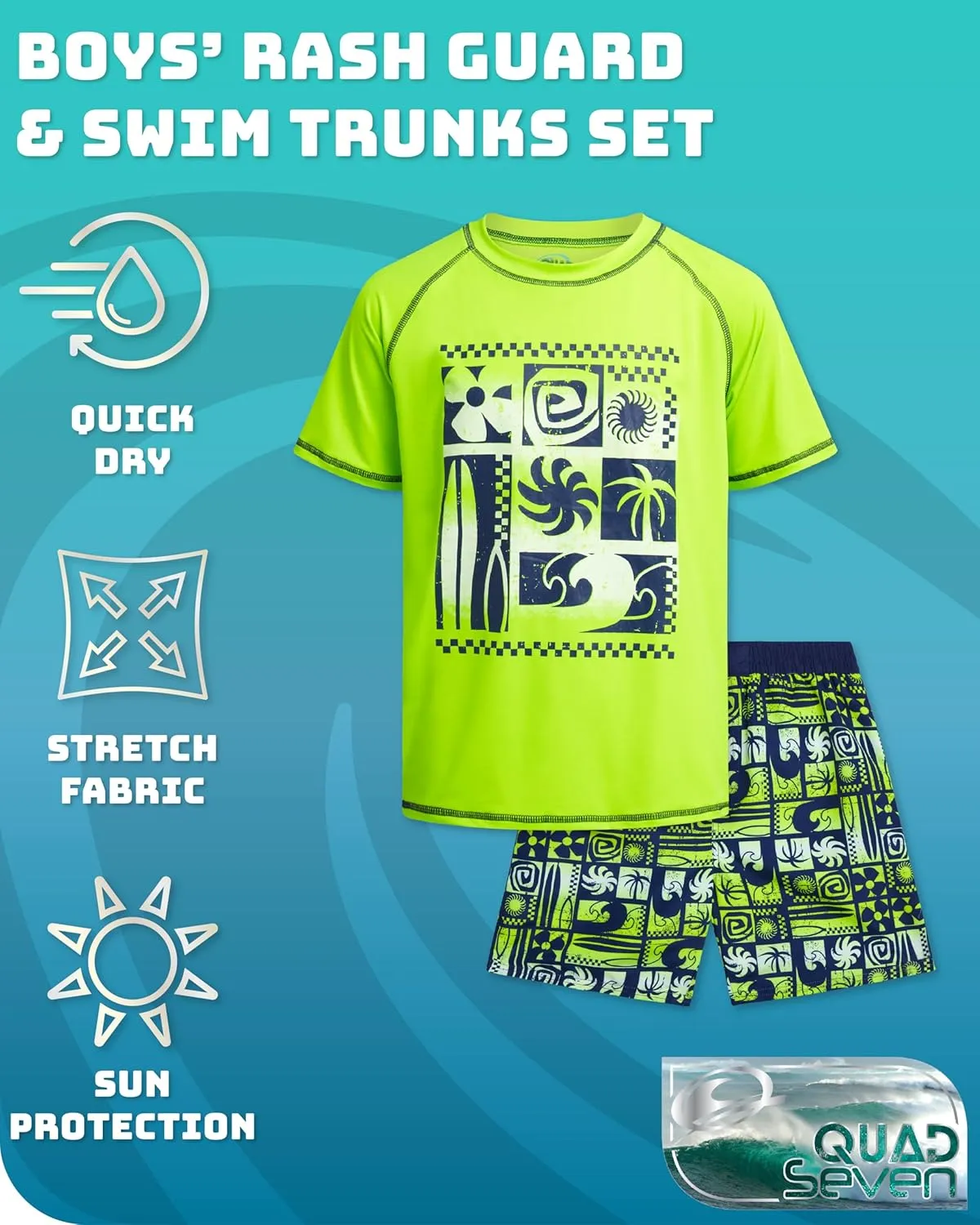 Boys Rash Guard Swimsuit Set – 4-Piece Kids Short Sleeve Bathing Suit Swimwear Sets (Sizes: 5-12)