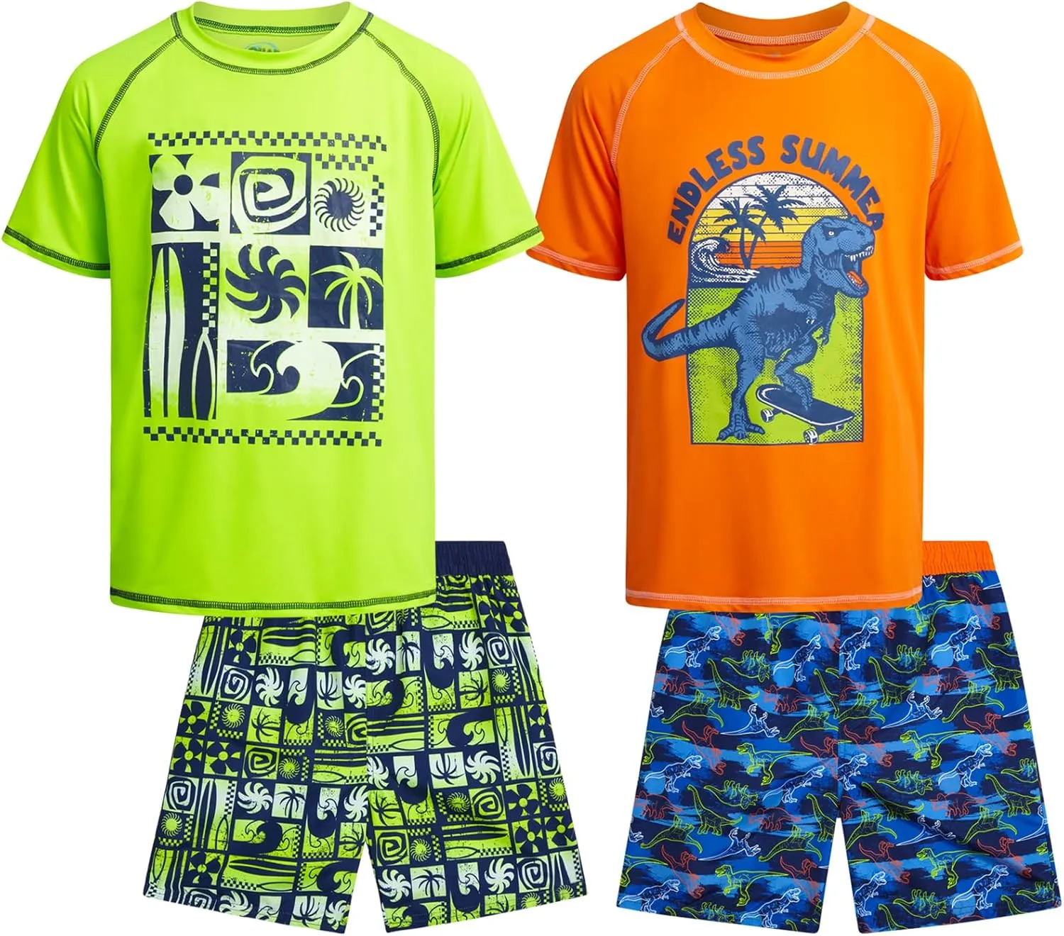 Boys Rash Guard Swimsuit Set – 4-Piece Kids Short Sleeve Bathing Suit Swimwear Sets (Sizes: 5-12)