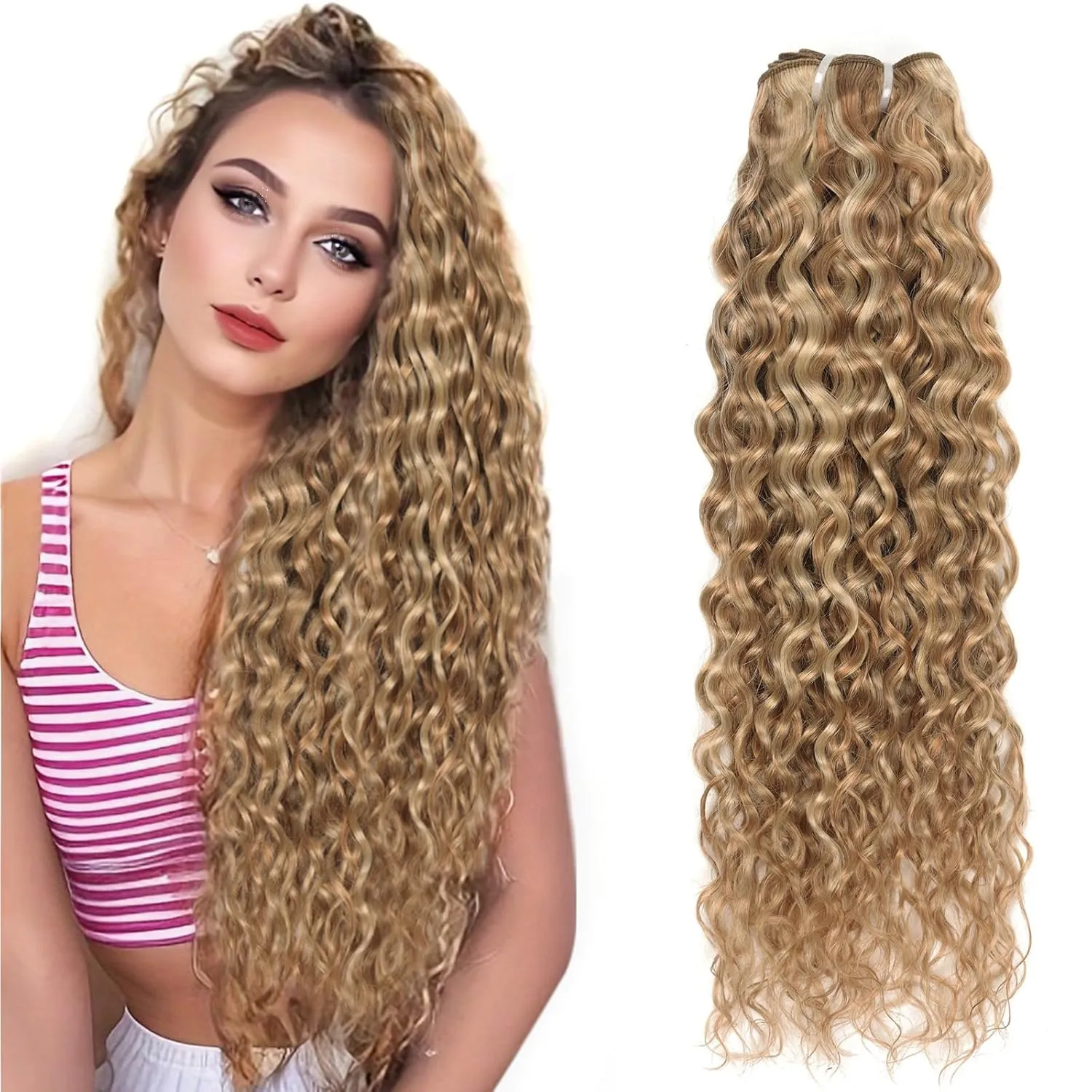 Brazilian P27/613 Water Wave Blonde Human Hair Extensions Unprocessed Human Hair Bundles Weft 1PC 100g Piano Color (14")