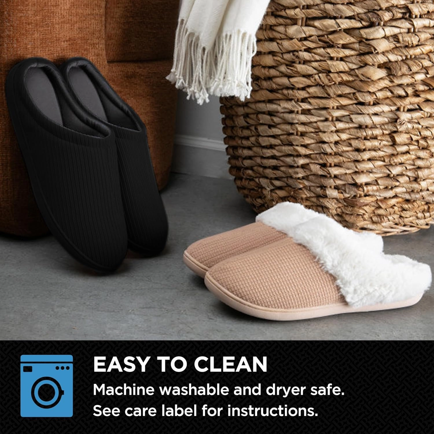 Brookstone Classic Comfort Memory Foam Men's Indoor Slippers - Warm & Comfortable, Soft Plush Lining, Non-Slip Sole