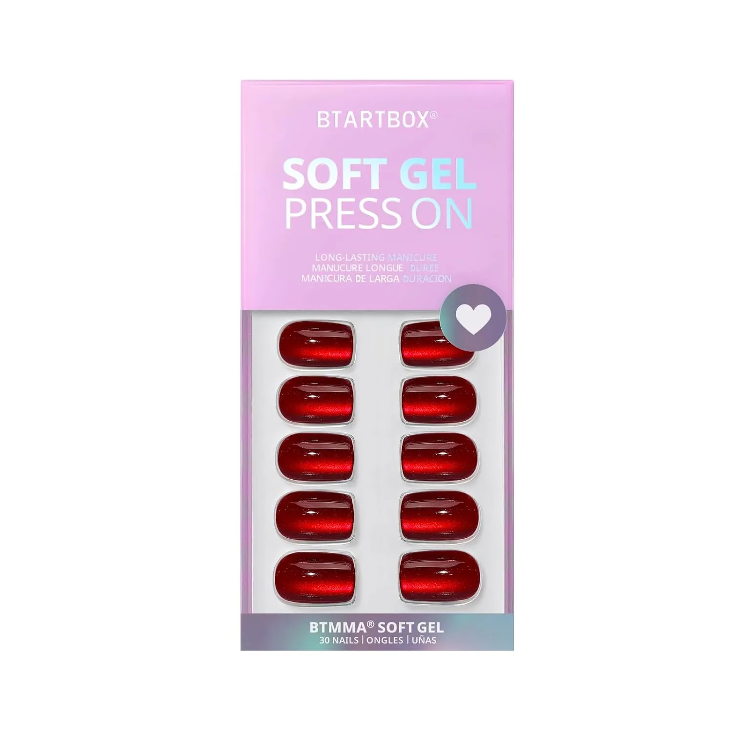 BTArtbox Press On Nails Red - Cat Eye Press On Nails Square for Gifts,Cherry Short Stick On Nails with Glue, Glossy Reusable Nail Tips in 15 Sizes - 30 Soft Gel Fake Nails Kit, Hot Love