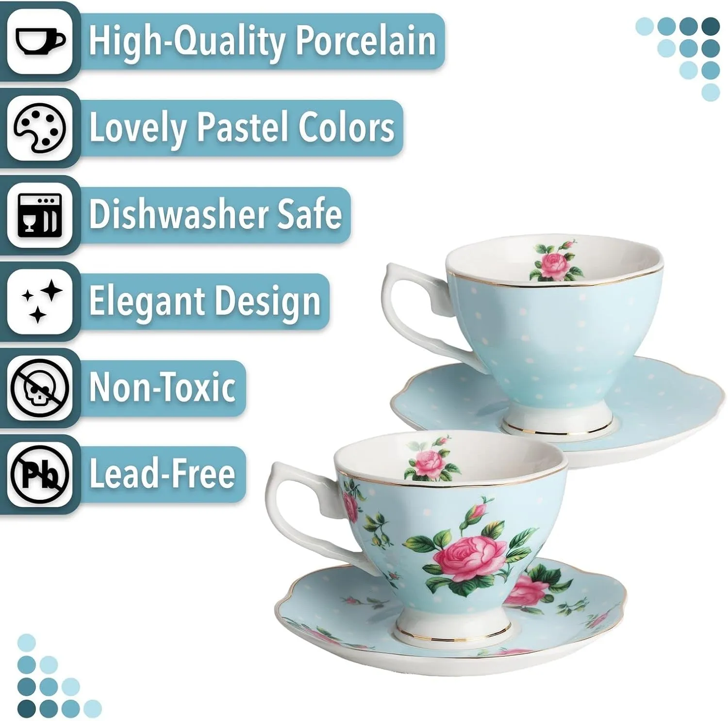 BTaT- Floral Tea Cups and Saucers, Set of 2, 8oz, with Gold Trim, Coffee Cups, Floral Tea Cup Set, British Tea Cups, Porcelain Tea Set, Tea Sets for Women