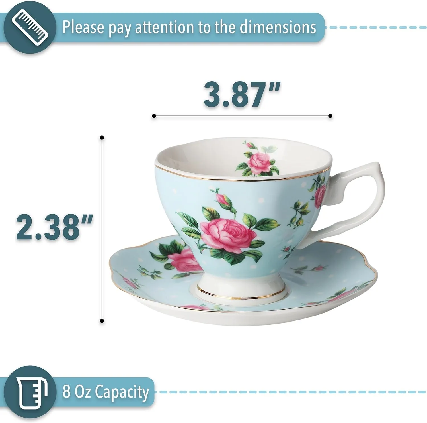 BTaT- Floral Tea Cups and Saucers, Set of 2, 8oz, with Gold Trim, Coffee Cups, Floral Tea Cup Set, British Tea Cups, Porcelain Tea Set, Tea Sets for Women