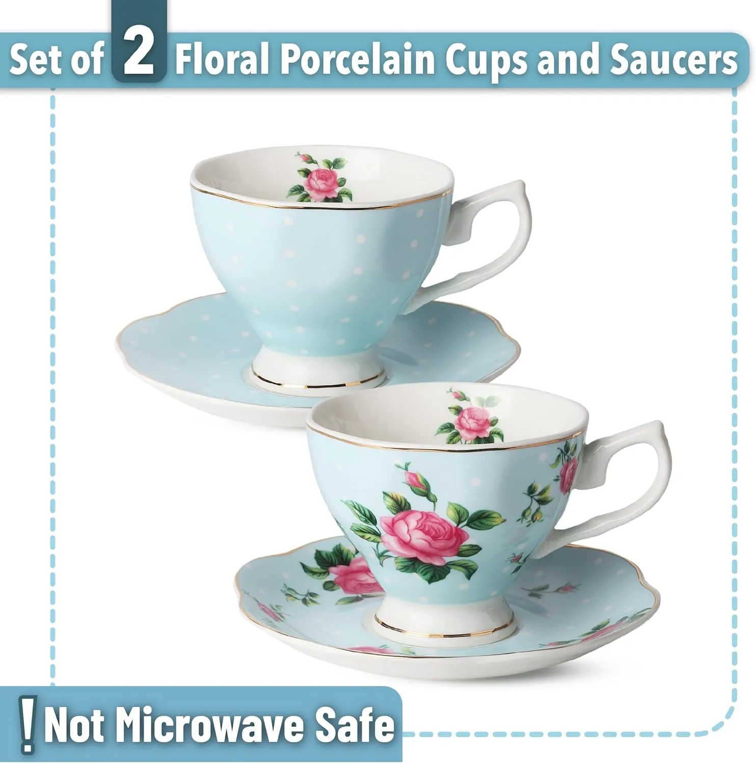 BTaT- Floral Tea Cups and Saucers, Set of 2, 8oz, with Gold Trim, Coffee Cups, Floral Tea Cup Set, British Tea Cups, Porcelain Tea Set, Tea Sets for Women