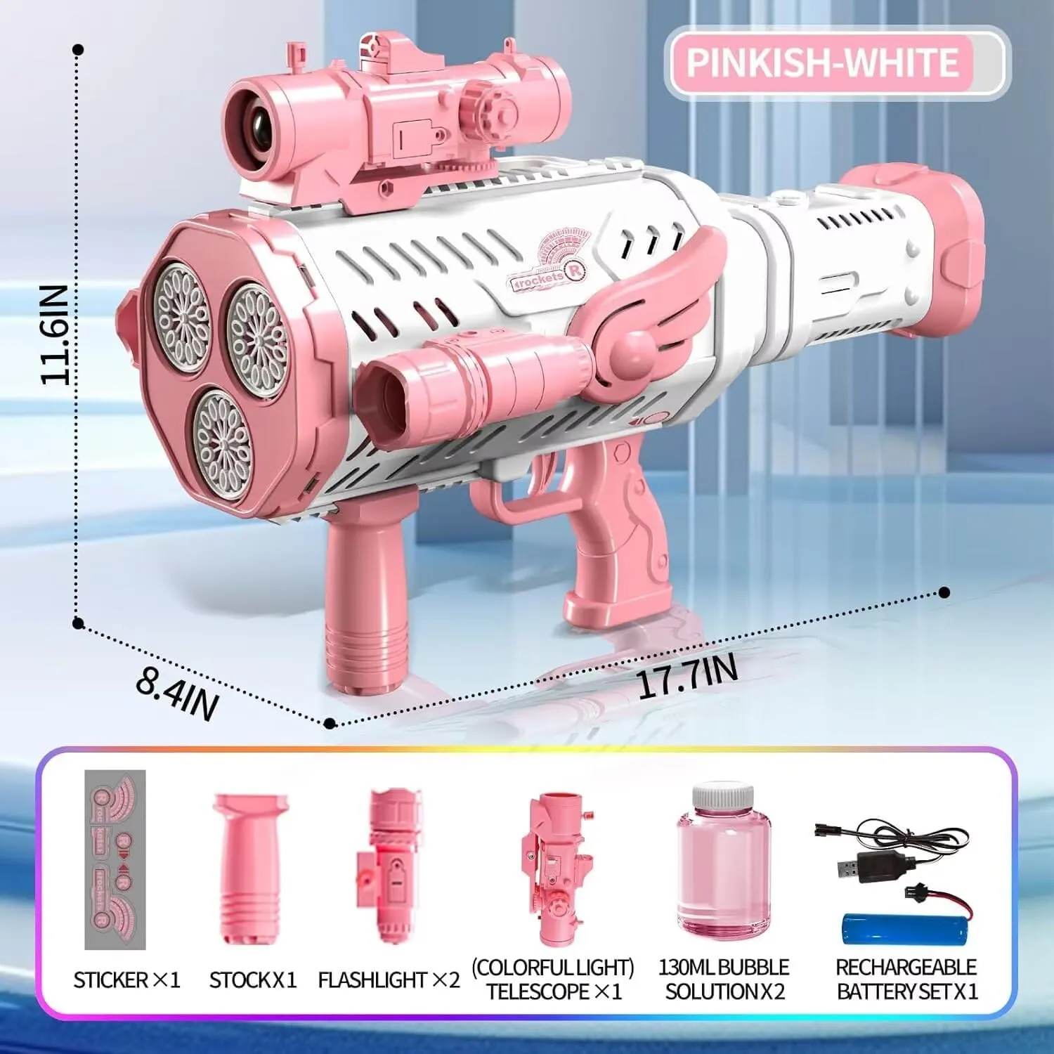 Bubble Gun, Rechargeable Bubble Machine Gun for Kids 3 4 5 6 7 8 9 10 11 12 Year Old, Automatic Rocket Bubble Gun Blaster Shooter with Bubble Solution for Wedding Birthday Party Girl Gifts