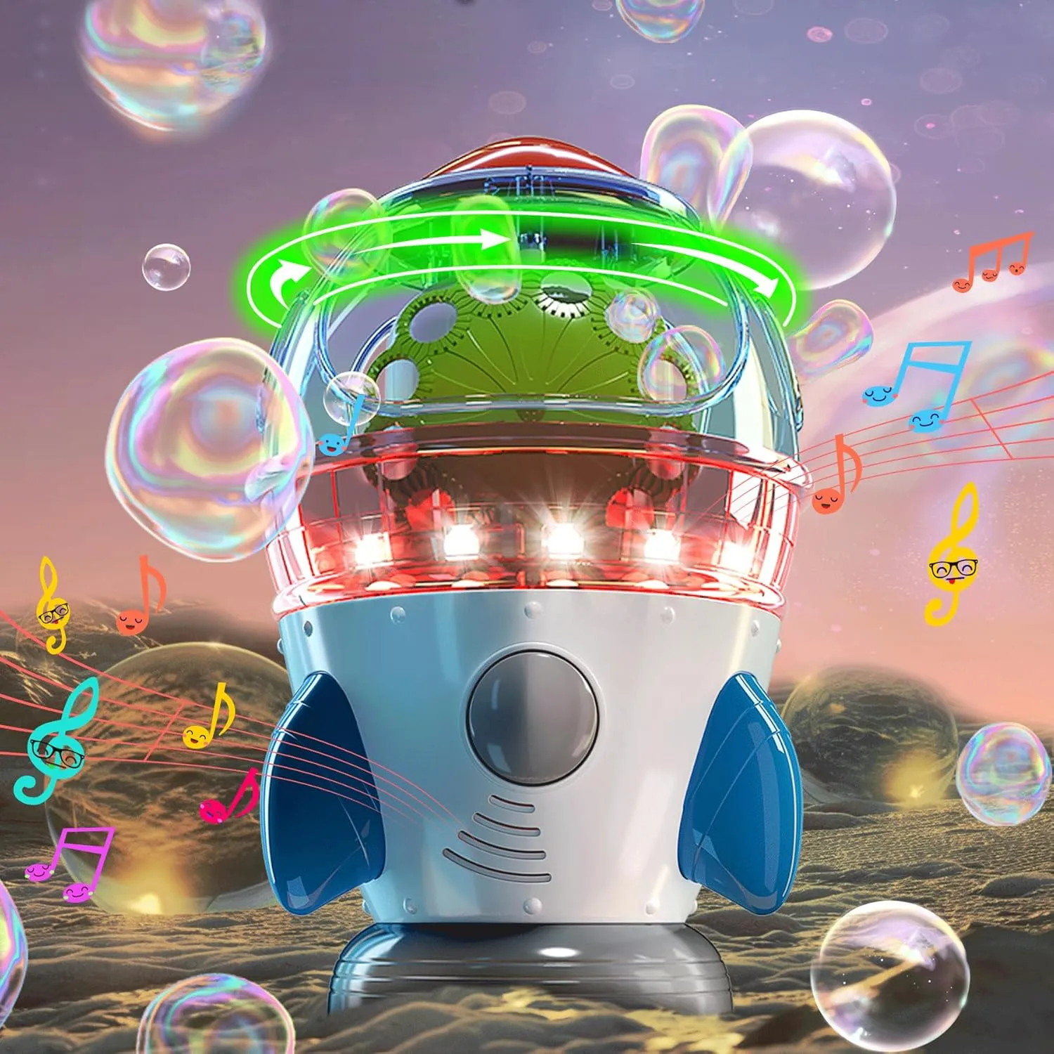 Bubble Machine for Kids with 2 Fans, Lights and Music, 360° Auto Rotatable Rocket Bubble Blower Machine for Toddlers 1-3 Bubble Maker Machine for Parties Ideal Bubble Toy Gift for Boy Girl