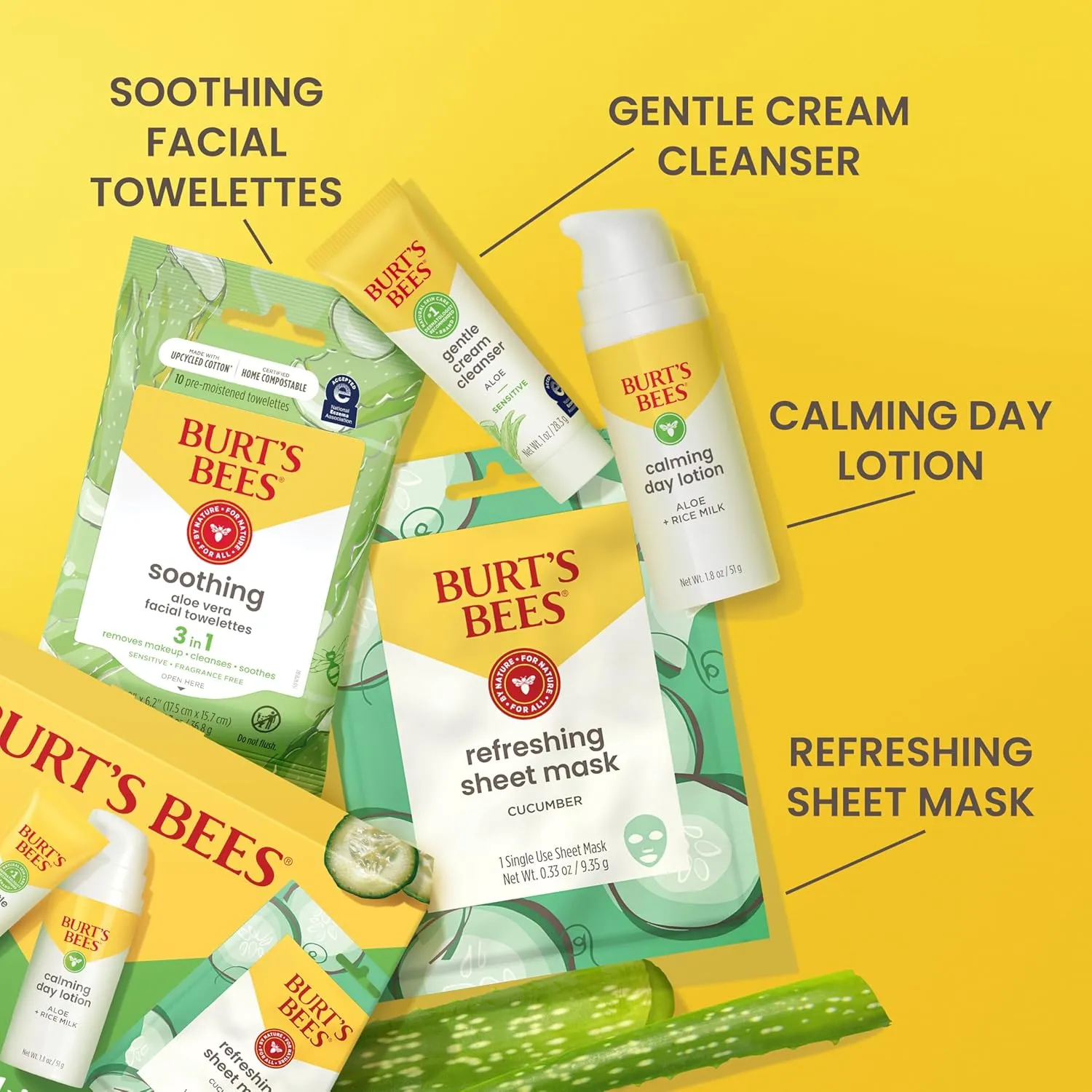 Burt's Bees Gentle Skin Care To-Go Set, Includes Cleanser, Towelettes, Lotion and Sheet Mask, Travel Size Facial Skin Care Products for Sensitive Skin, Natural Origin, 1 Gift Set