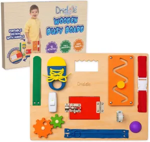 Busy Board - Wooden Montessori Activity Board for Toddlers & Kids - 12 Educational Sensory Toys to Learn Basic Life Skills & Develop Fine Motor Skills   Baby Mirror
