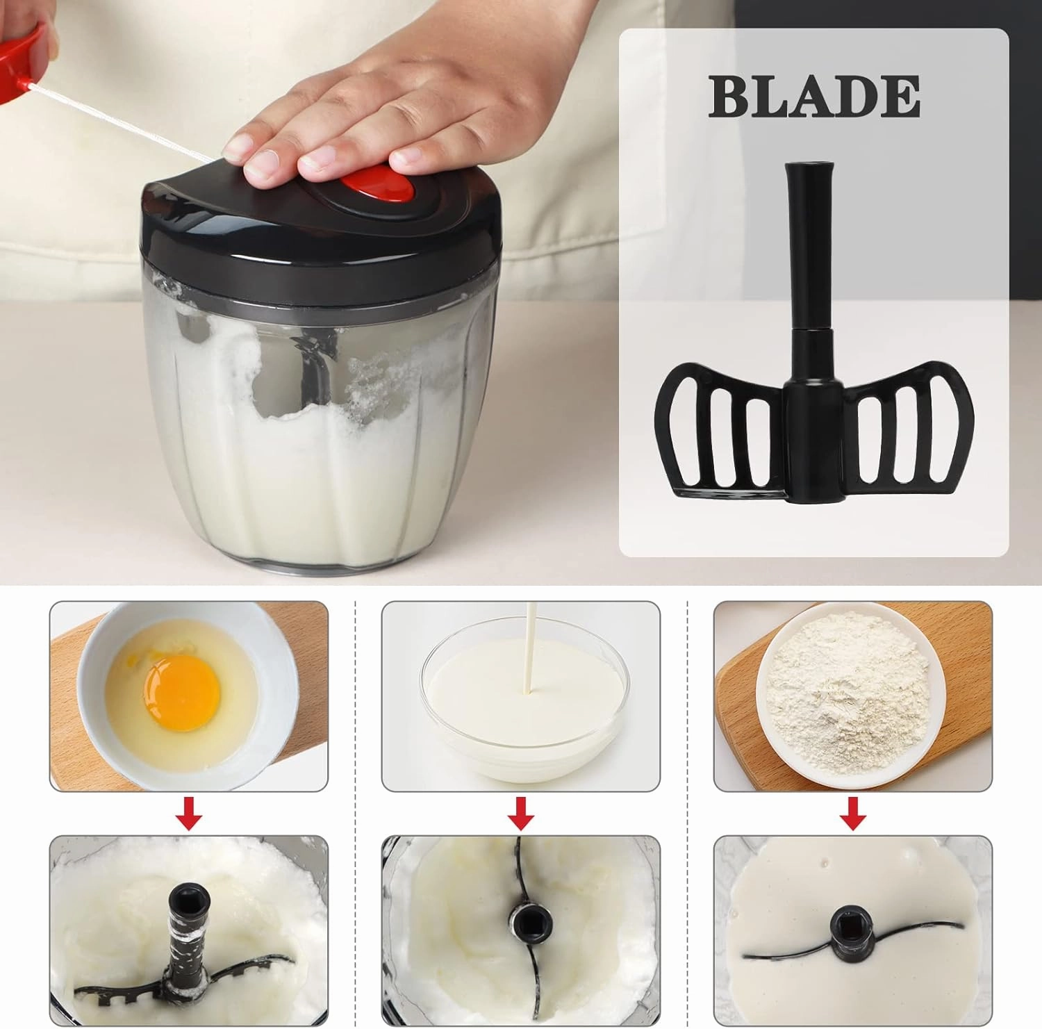 Cambom Manual Food Chopper Vegetable Cutter, Hand String Vegetable Chopper Onions Cutter for Vegetable Fruits Nuts BPA Free Food Safe Material, 900ml Black