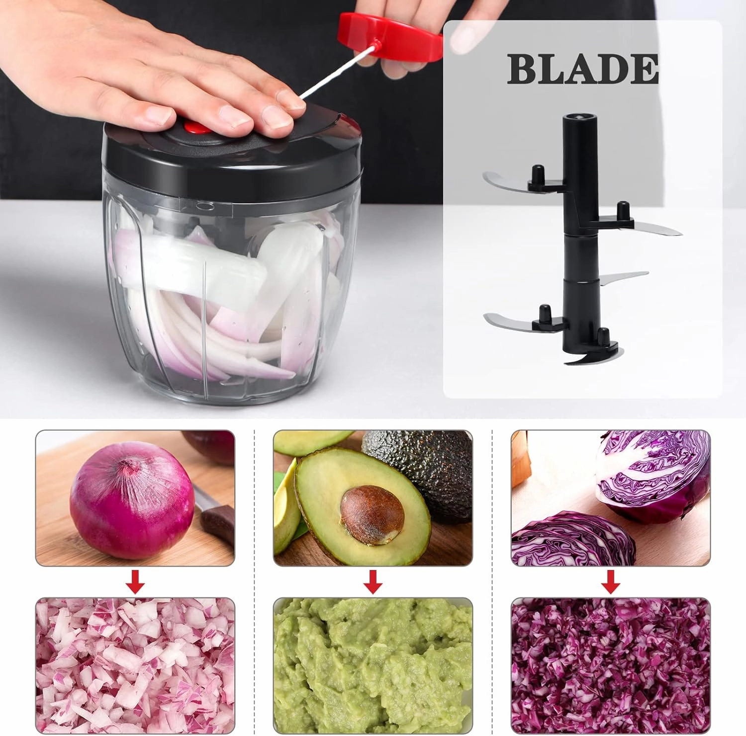 Cambom Manual Food Chopper Vegetable Cutter, Hand String Vegetable Chopper Onions Cutter for Vegetable Fruits Nuts BPA Free Food Safe Material, 900ml Black