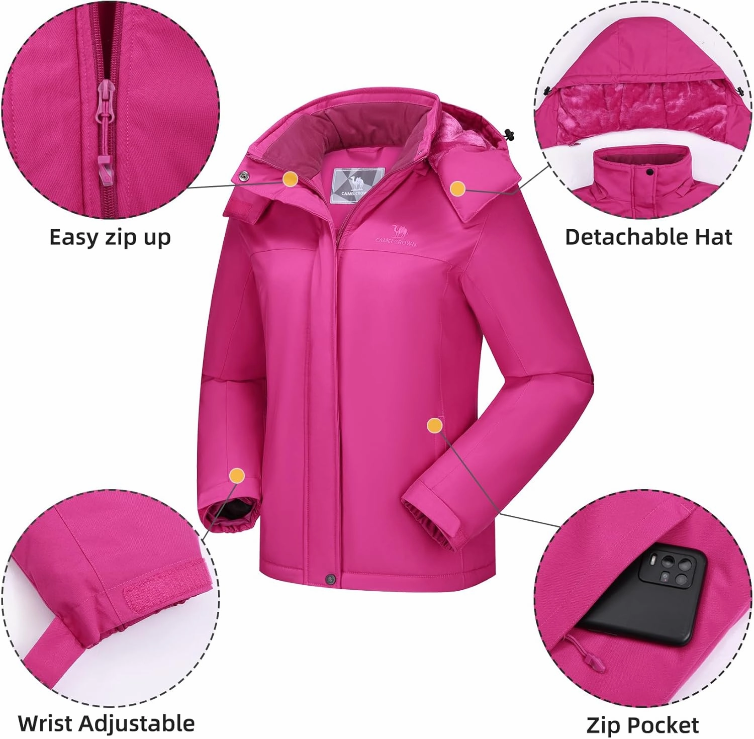 CAMEL CROWN Women's Ski Jacket Winter Snow Coat Warm Fleece Mountain Waterproof Female Jacket Snowboarding jackets