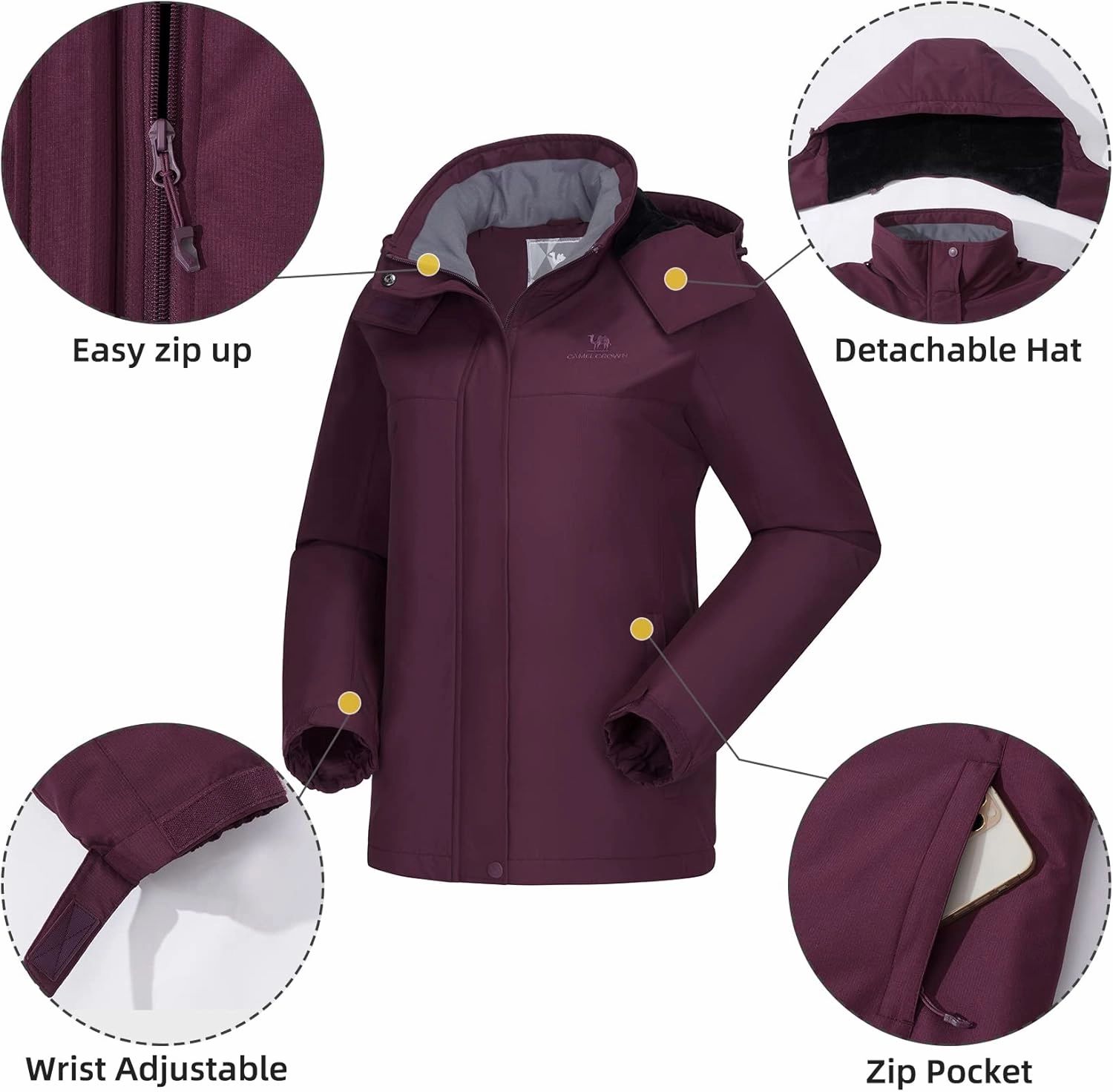 CAMEL CROWN Women's Ski Jacket Winter Snow Coat Warm Fleece Mountain Waterproof Female Jacket Snowboarding jackets