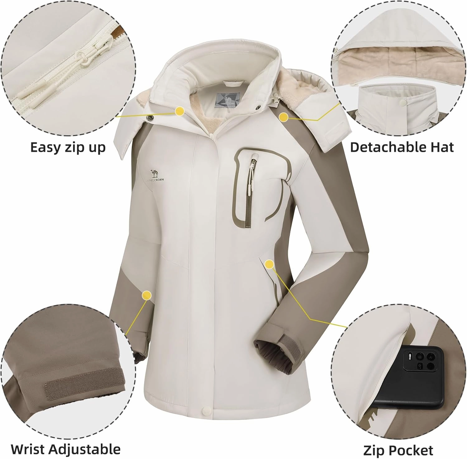 CAMEL CROWN Women's Ski Jacket Winter Snow Coat Warm Fleece Mountain Waterproof Female Jacket Snowboarding jackets