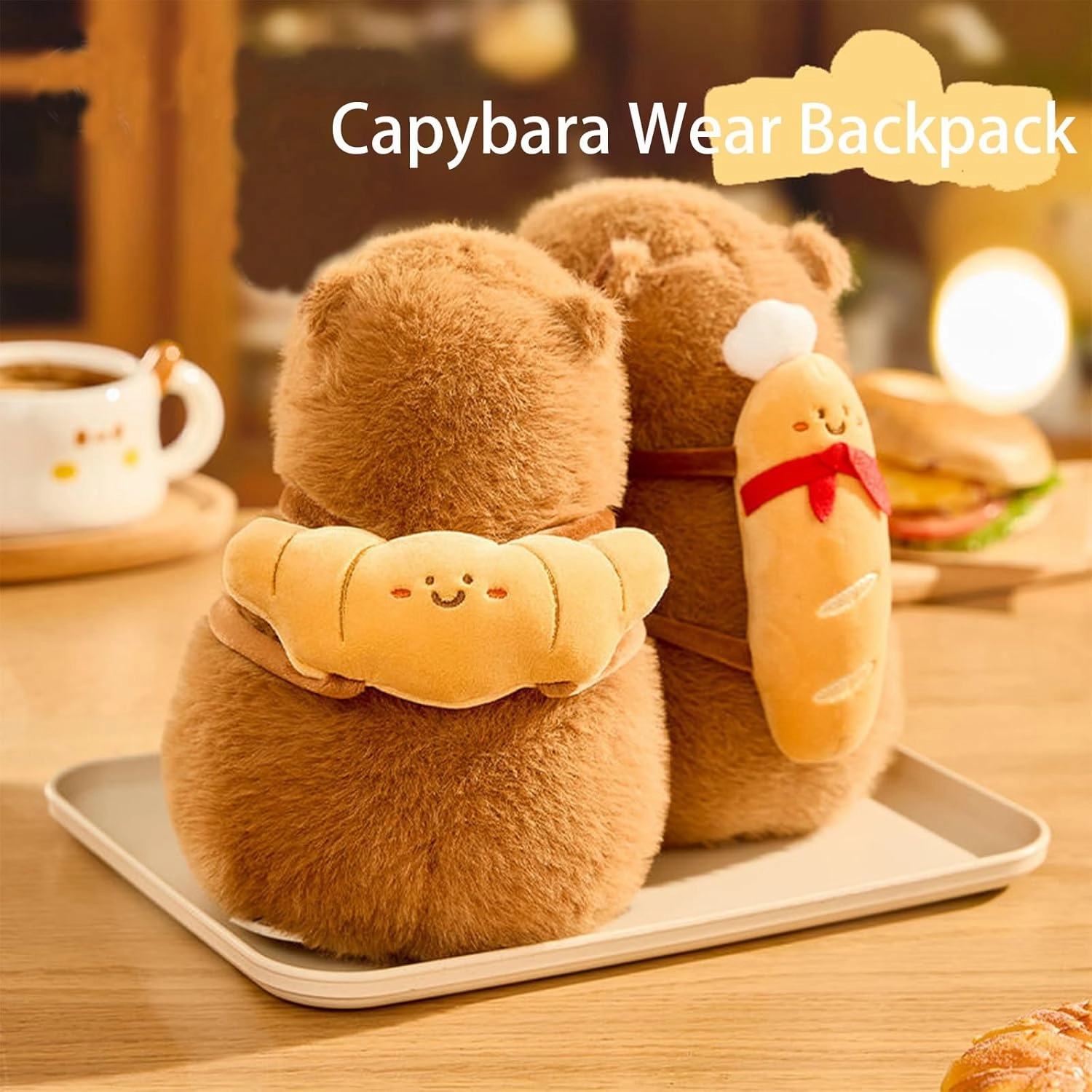 Capybara Plush with Croissant Backpack 9 inch Cute Bread Capibara Stuffed Animal Ultra Soft Plushies Toys Kawaii Gifts for Kids Brown