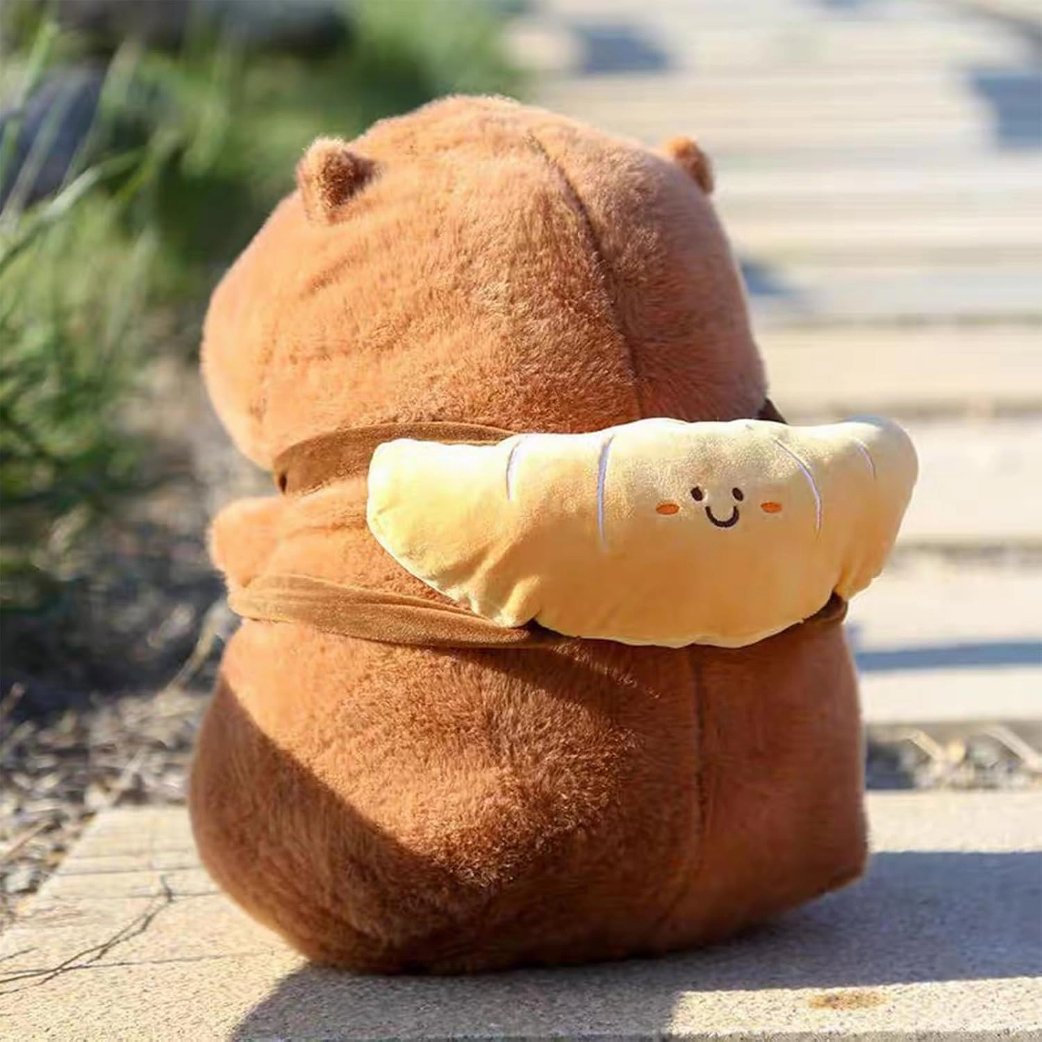 Capybara Plush with Croissant Backpack 9 inch Cute Bread Capibara Stuffed Animal Ultra Soft Plushies Toys Kawaii Gifts for Kids Brown