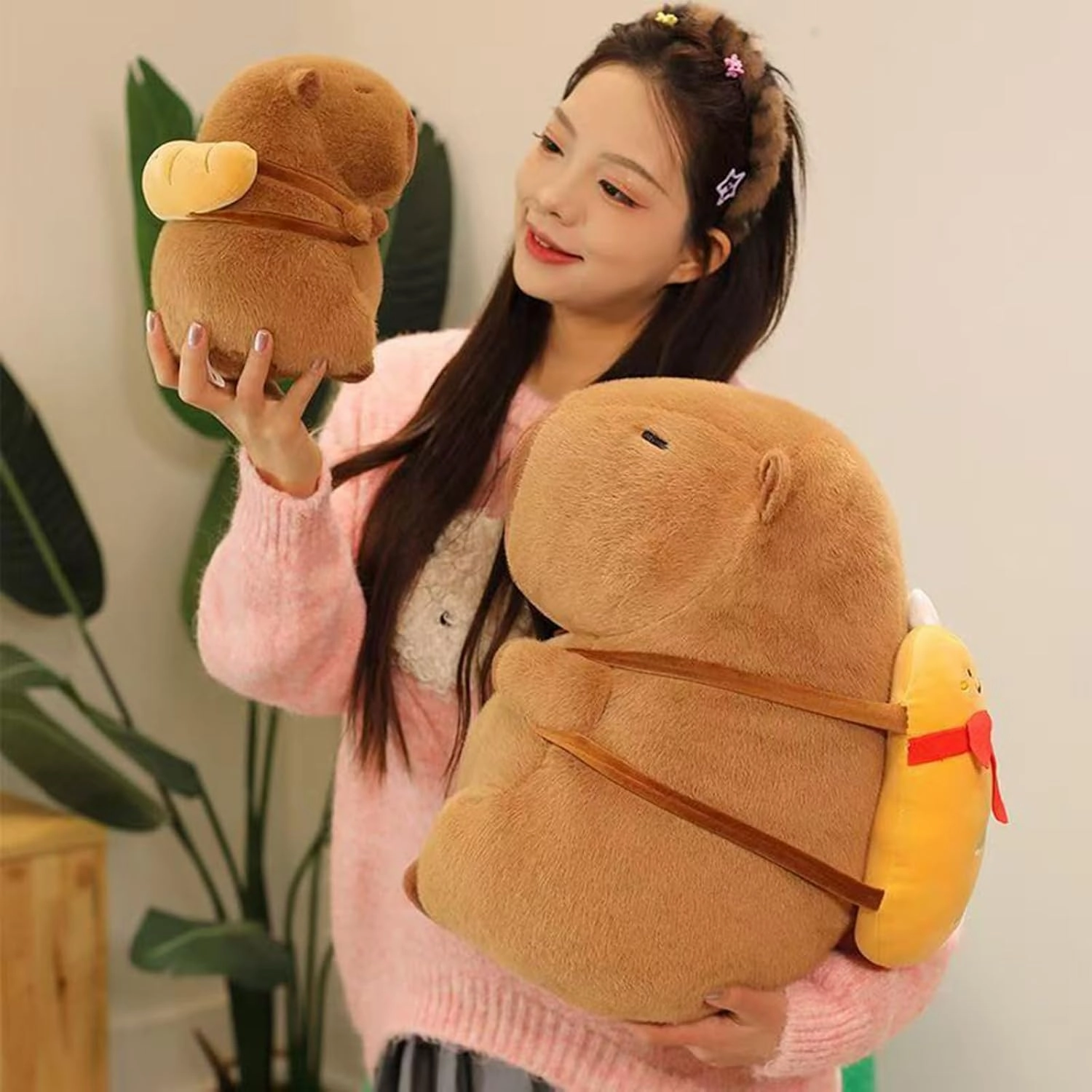 Capybara Plush with Croissant Backpack 9 inch Cute Bread Capibara Stuffed Animal Ultra Soft Plushies Toys Kawaii Gifts for Kids Brown