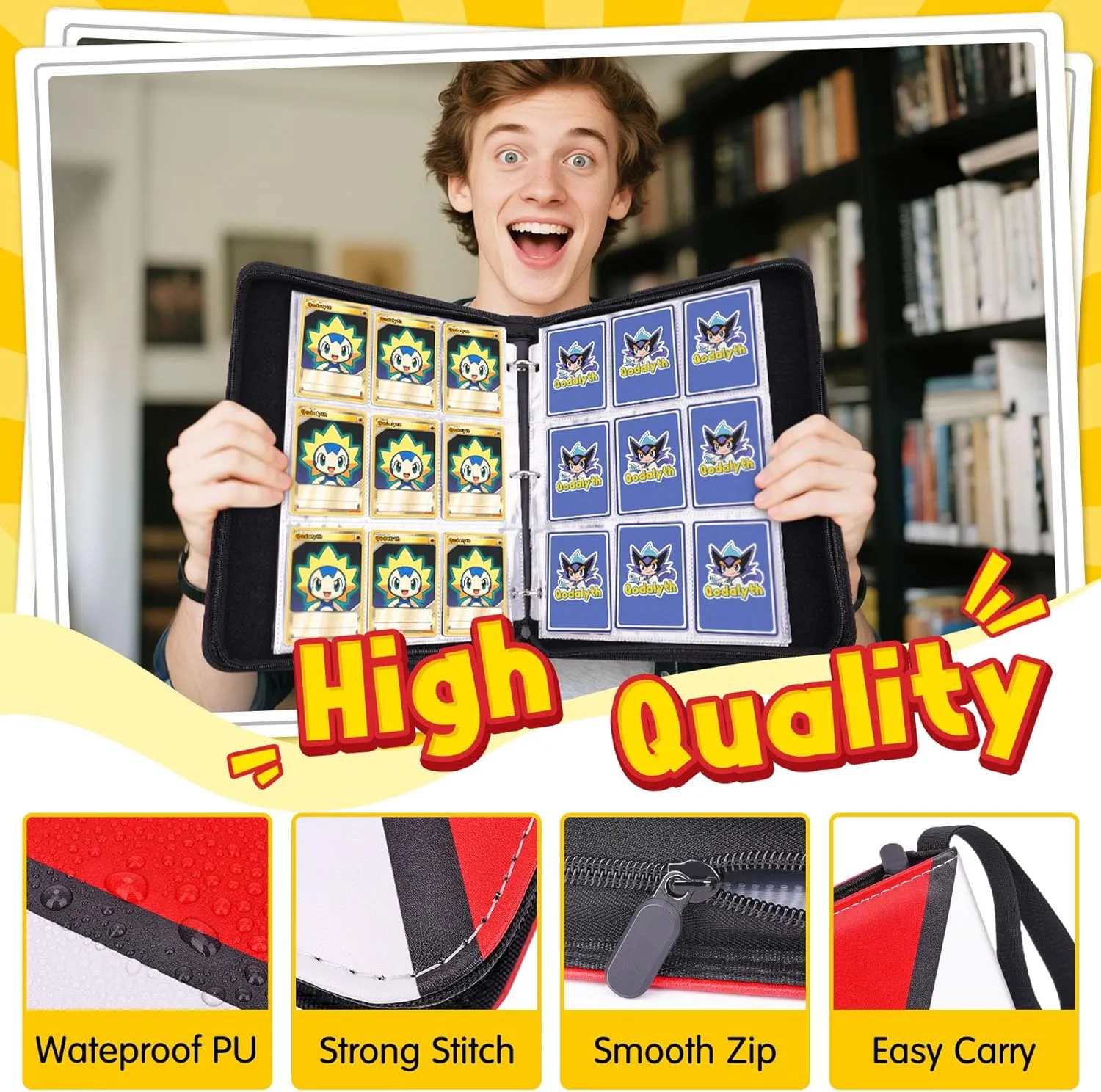 Card Binder – 9 Pocket Zipper Collection Album, Premium PU Holder, Double-Sided Display for 400 Cards, Includes 5 Hard Plastic Sleeves for Game Cards, Sports Cards