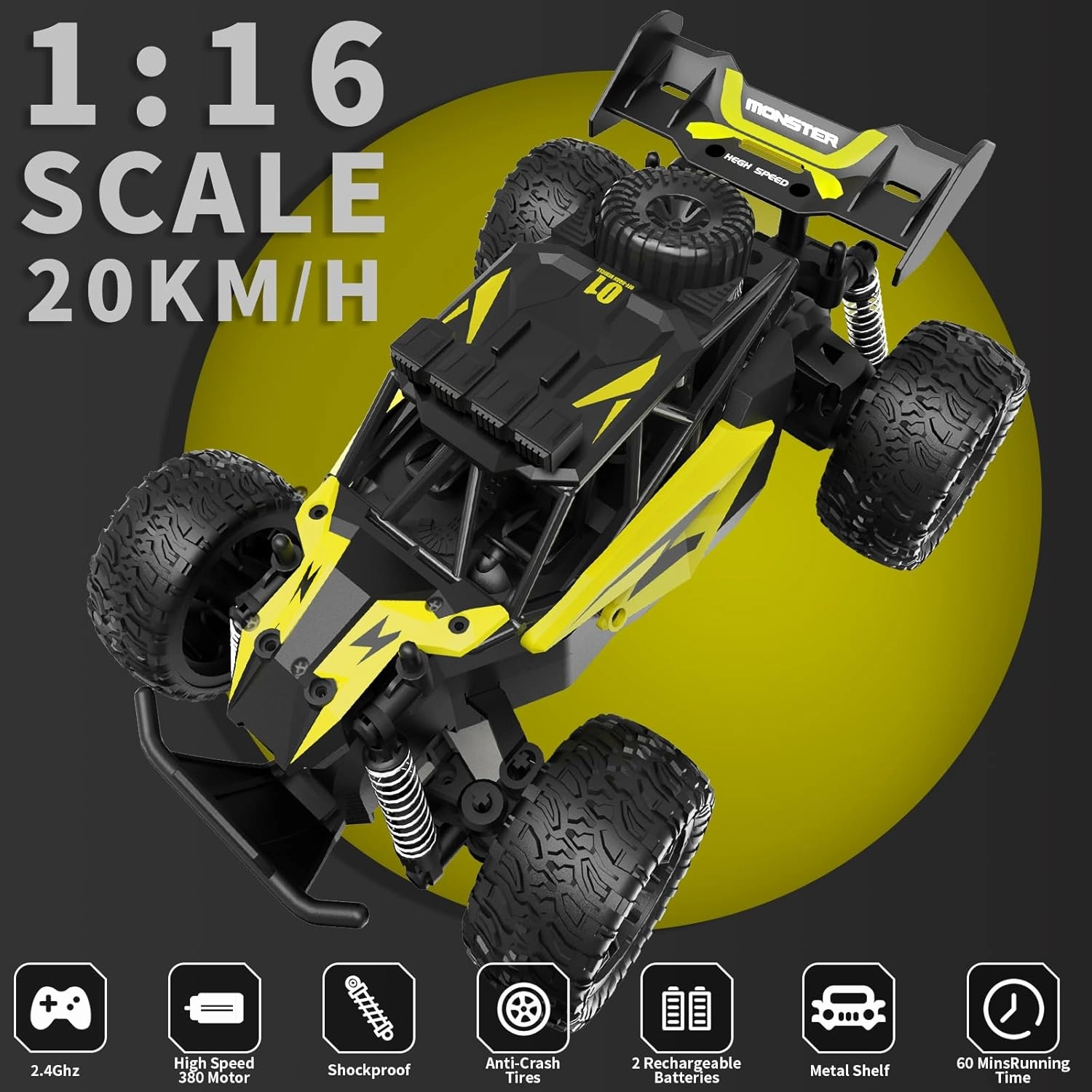 Carox 1:16 Scale RC Car for Kids, 2.4GHz High-Speed Electric Monster Truck, 20km/h, Dual 1000mAh Rechargeable Batteries, All-Terrain Tires, Shock Absorbing Suspension, Ideal Gift for Boys Aged 6-12