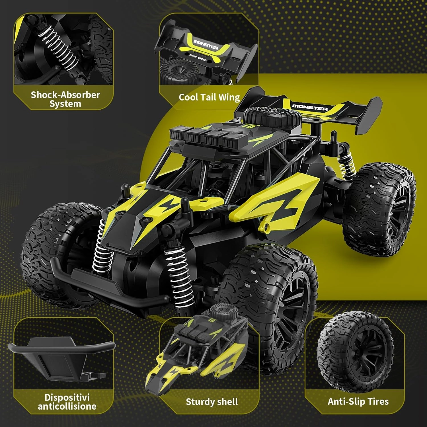 Carox 1:16 Scale RC Car for Kids, 2.4GHz High-Speed Electric Monster Truck, 20km/h, Dual 1000mAh Rechargeable Batteries, All-Terrain Tires, Shock Absorbing Suspension, Ideal Gift for Boys Aged 6-12