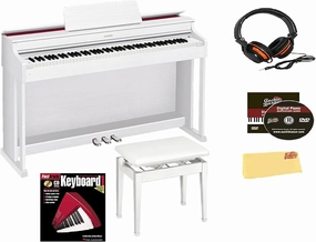 Casio AP-470 CELVIANO 88-Key Digital Cabinet Piano - White Bundle with Furniture Bench, Headphones, Online Lessons, Austin Bazaar Instructional DVD, and Polishing Cloth