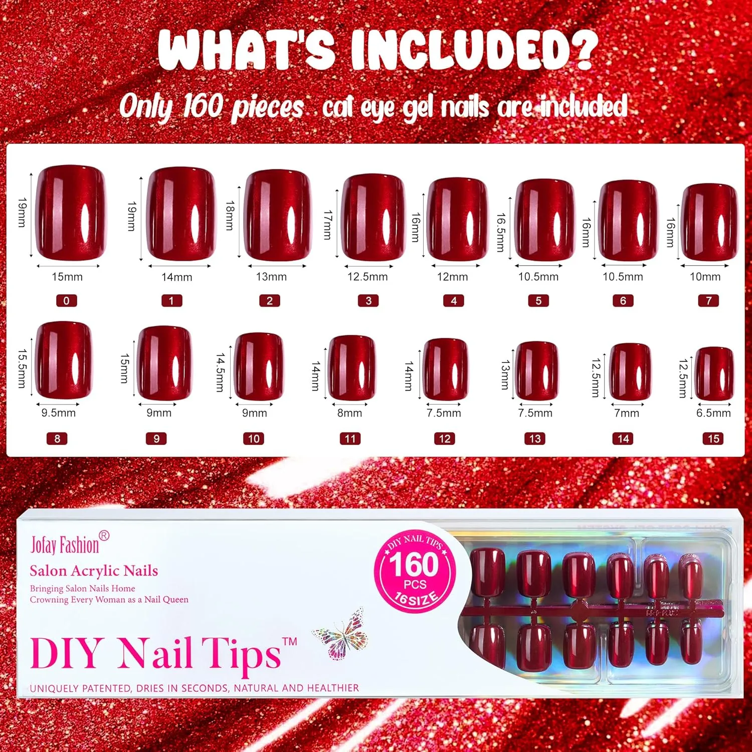 Cat Eye Press on Nails Red - 5 Styles Red Press on Nails Short Square, Soft Gel x Coat Nails False Nails, Bt Art Box Press On Nails in 16 Sizes -160 PCS Soft Gel Fake Nails Kit