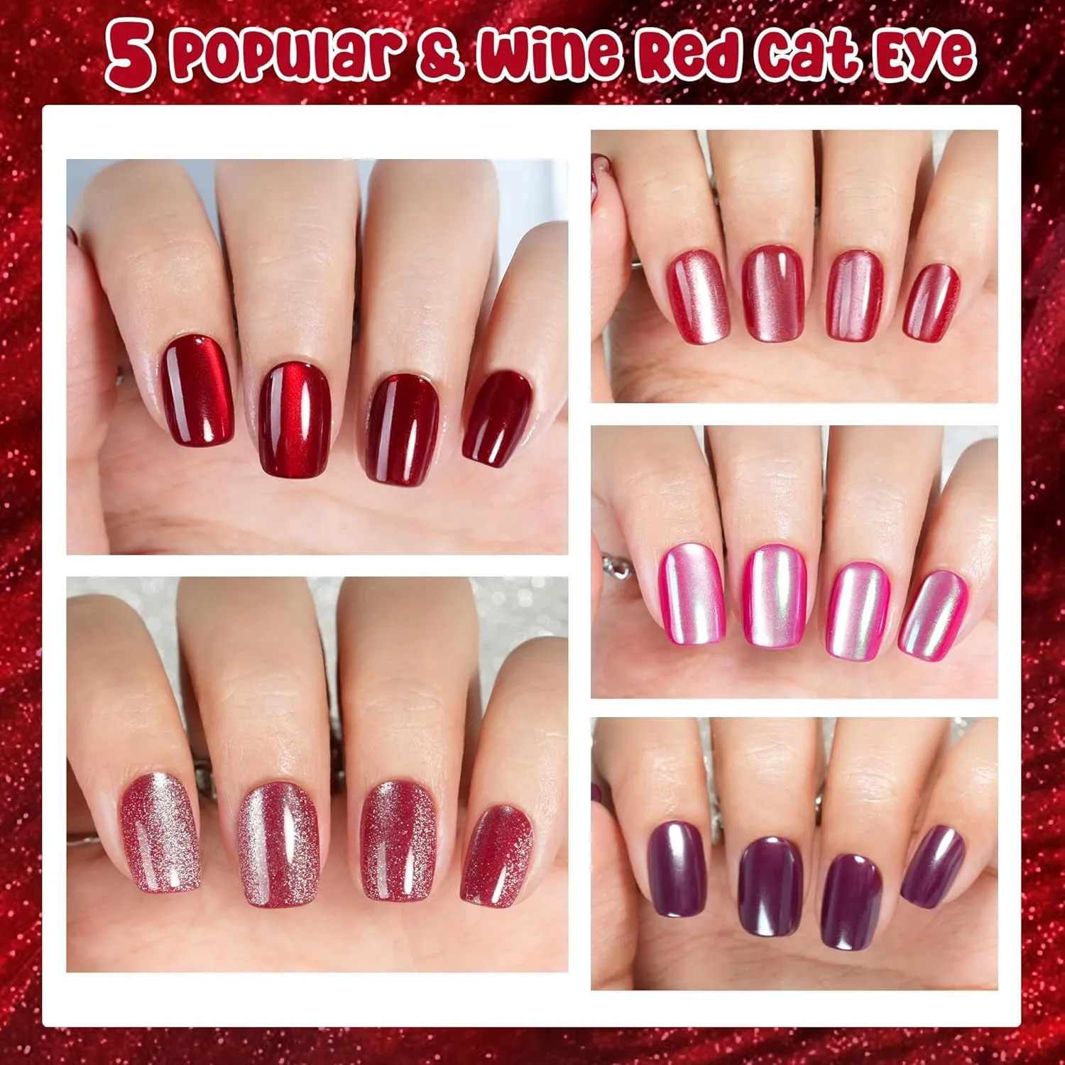 Cat Eye Press on Nails Red - 5 Styles Red Press on Nails Short Square, Soft Gel x Coat Nails False Nails, Bt Art Box Press On Nails in 16 Sizes -160 PCS Soft Gel Fake Nails Kit
