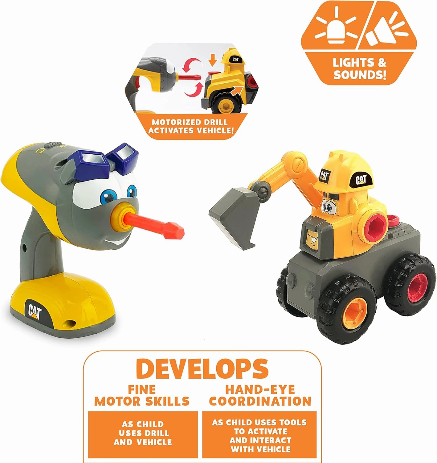 CAT Construction Toys, Fix-It Fleet Construction Toy Excavator, Ages 3 , Motorized Drill   Lights & Sounds, Improve Fine Motor Skills