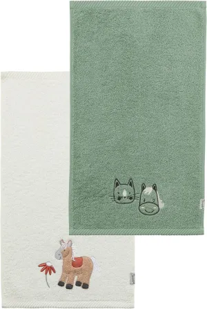 Children's Towels Set of 2 Farmhouse Towel Set Made of Absorbent Cotton, Comfortable on the Skin, Children's Towels with Beautiful Weaving Edges and Applique, Stone Green