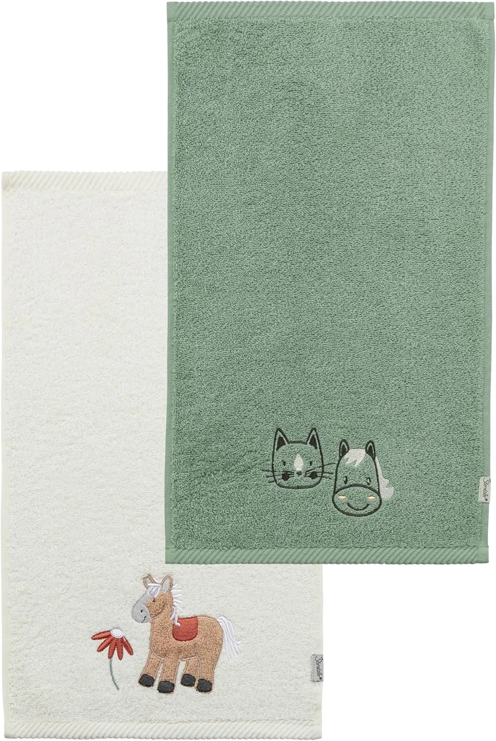 Children's Towels Set of 2 Farmhouse Towel Set Made of Absorbent Cotton, Comfortable on the Skin, Children's Towels with Beautiful Weaving Edges and Applique, Stone Green