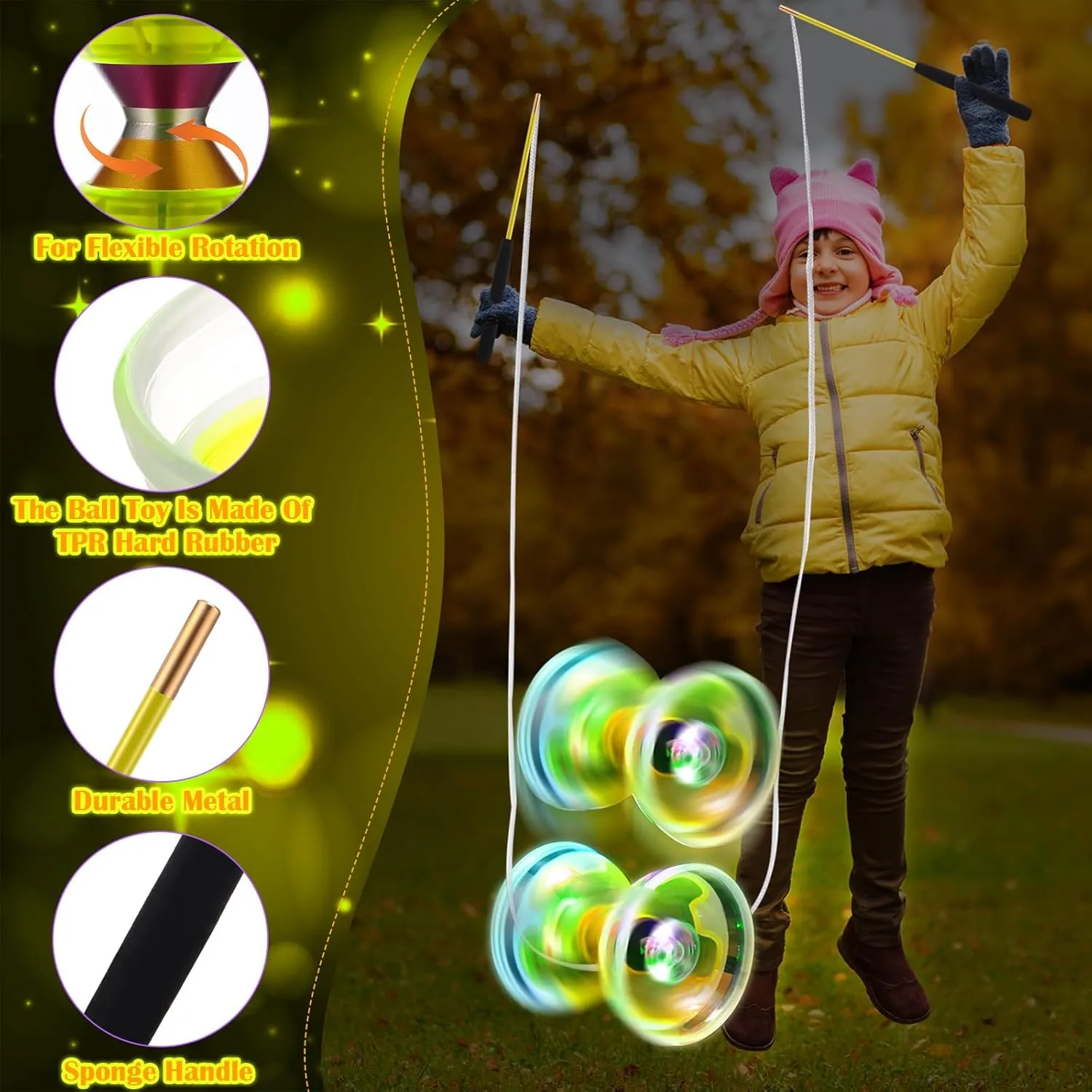 Chinese Yoyo Diabolo Set Includes 5 Inch Colorful LED Diabolo Toy Light Up with 2 Pieces Diabolo Sticks, 1 Piece Diabolo String and 1 Piece Net Bag for Fun (Yellow)