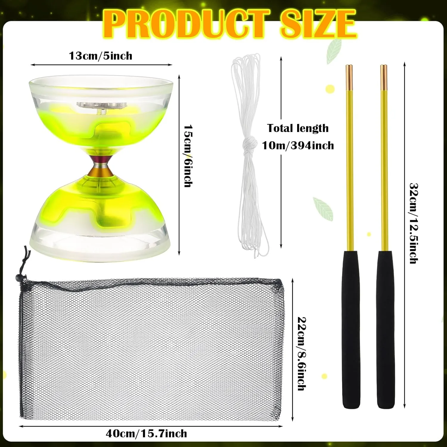 Chinese Yoyo Diabolo Set Includes 5 Inch Colorful LED Diabolo Toy Light Up with 2 Pieces Diabolo Sticks, 1 Piece Diabolo String and 1 Piece Net Bag for Fun (Yellow)