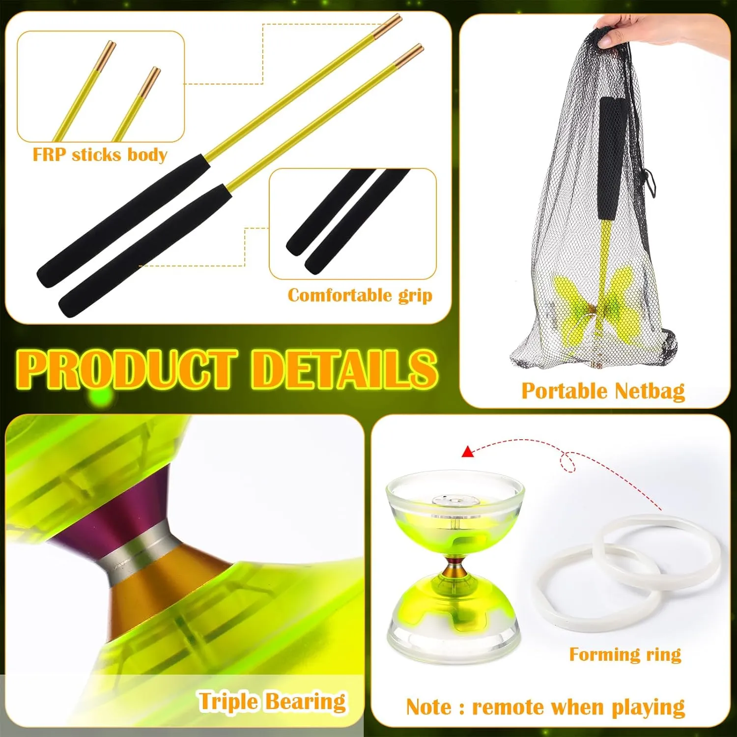 Chinese Yoyo Diabolo Set Includes 5 Inch Colorful LED Diabolo Toy Light Up with 2 Pieces Diabolo Sticks, 1 Piece Diabolo String and 1 Piece Net Bag for Fun (Yellow)