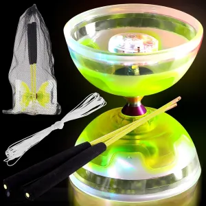 Chinese Yoyo Diabolo Set Includes 5 Inch Colorful LED Diabolo Toy Light Up with 2 Pieces Diabolo Sticks, 1 Piece Diabolo String and 1 Piece Net Bag for Fun (Yellow)