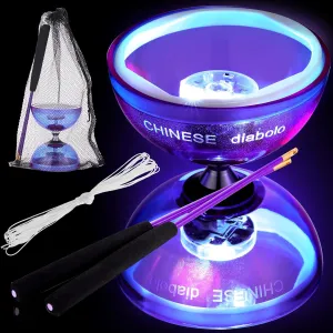 Chinese Yoyo Diabolo Set Includes Colorful LED Diabolo Toy Light up with 2 Pieces Sticks, 1 Piece String, 1 Net Bag for Fun(Purple)