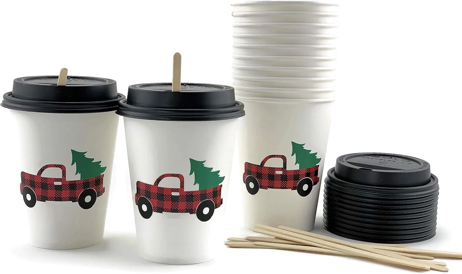 Christmas Cups, Hot Paper Coffee Cups with Lids, Stir Sticks, Office Holiday Party, Vintage Red Truck, Buffalo Plaid, Disposable Tableware, Tea, Drinks, 12 Count