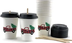 Christmas Cups, Hot Paper Coffee Cups with Lids, Stir Sticks, Office Holiday Party, Vintage Red Truck, Buffalo Plaid, Disposable Tableware, Tea, Drinks, 12 Count