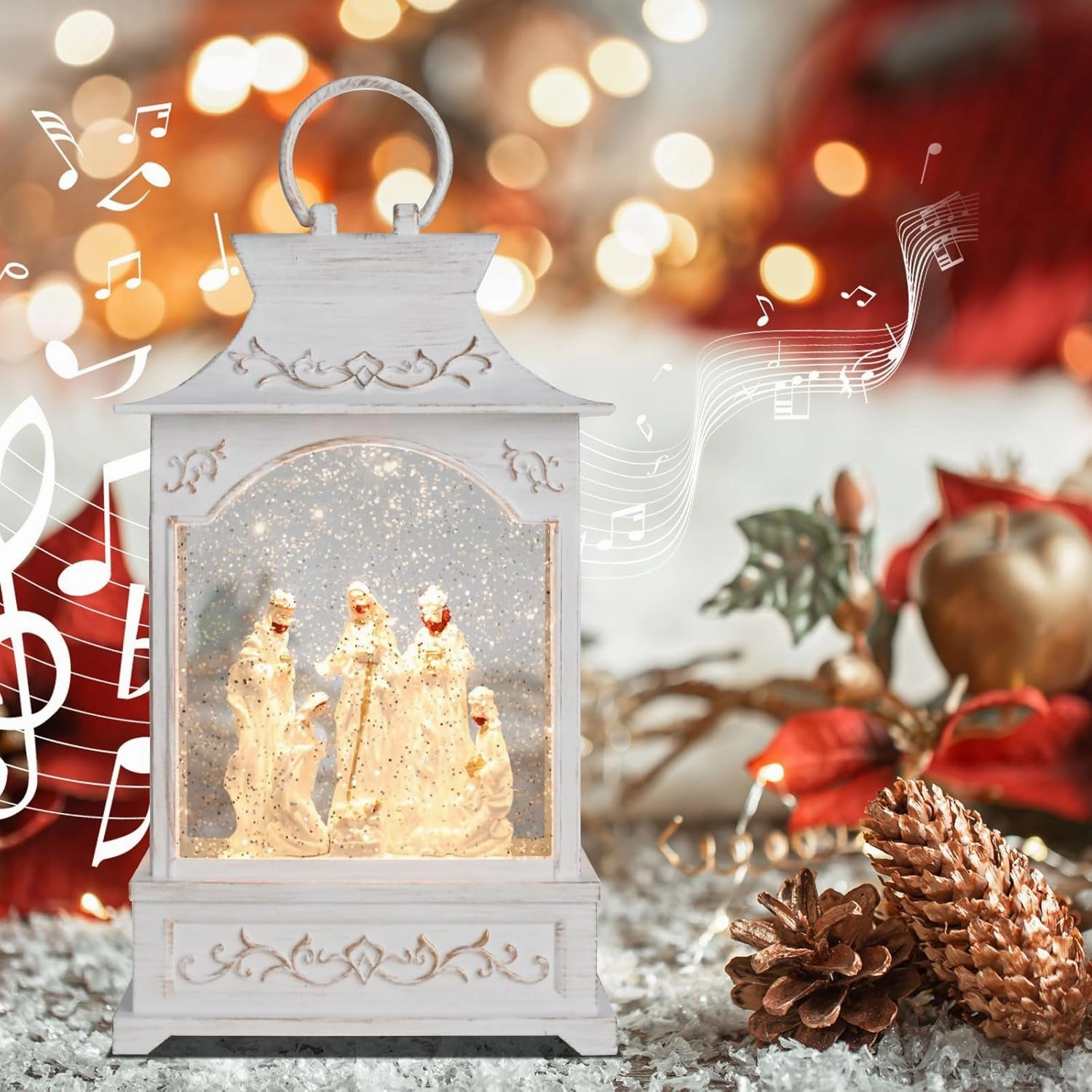 Christmas Lanterns-Lighted Christmas Snow Globes - White Nativity Musical Snow Globe with Swirling Glittering and Battery Operated LED Light Christmas Home Decor(White)