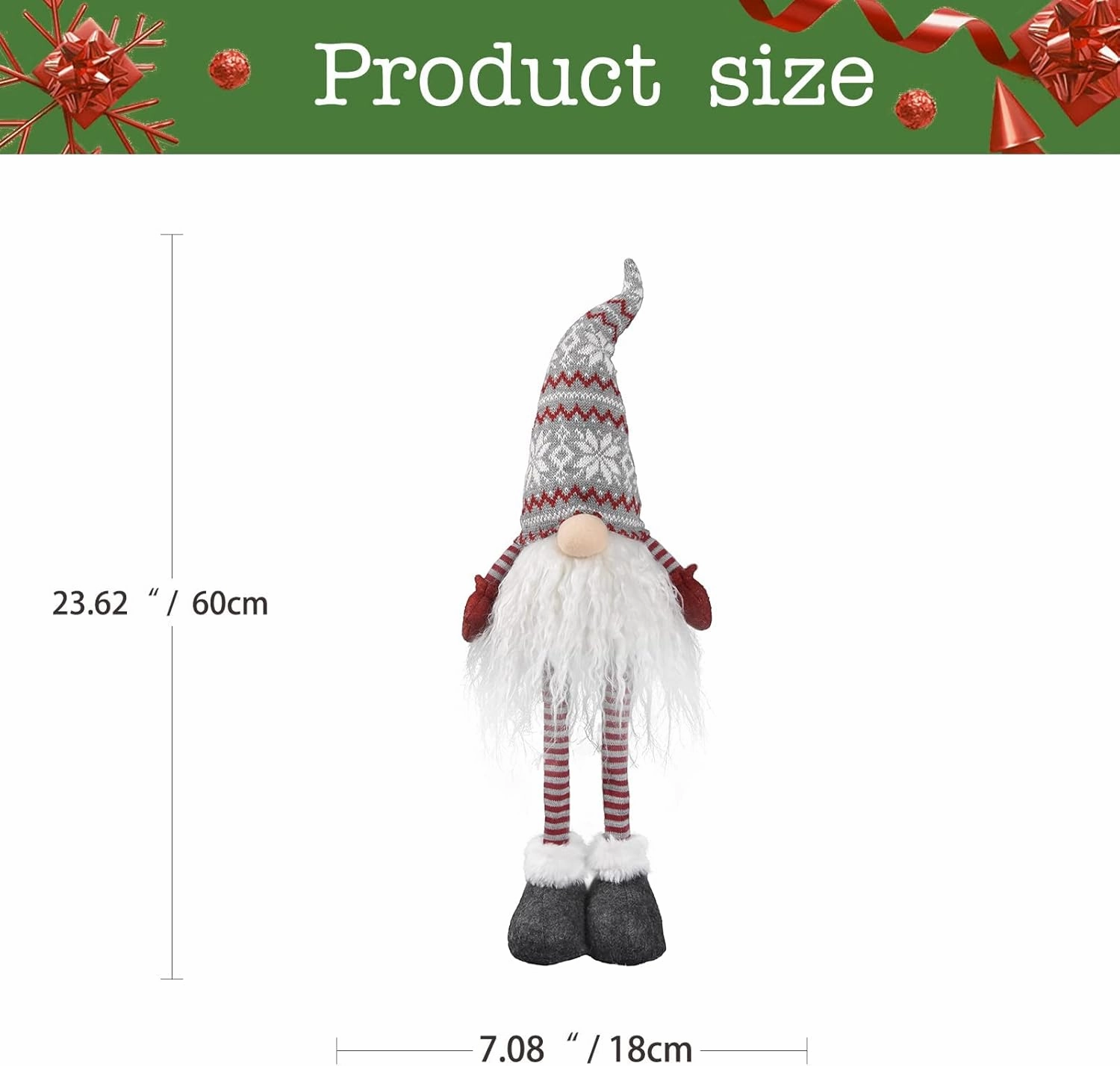 Christmas Lights Gnome Decorations for Valentine, 2024 Ornaments Handmade Xmas Standing Figurine with Grey Snow Hat, Swedish Tomte Santa Holiday Elf Decor Gifts, 24 inch, Red