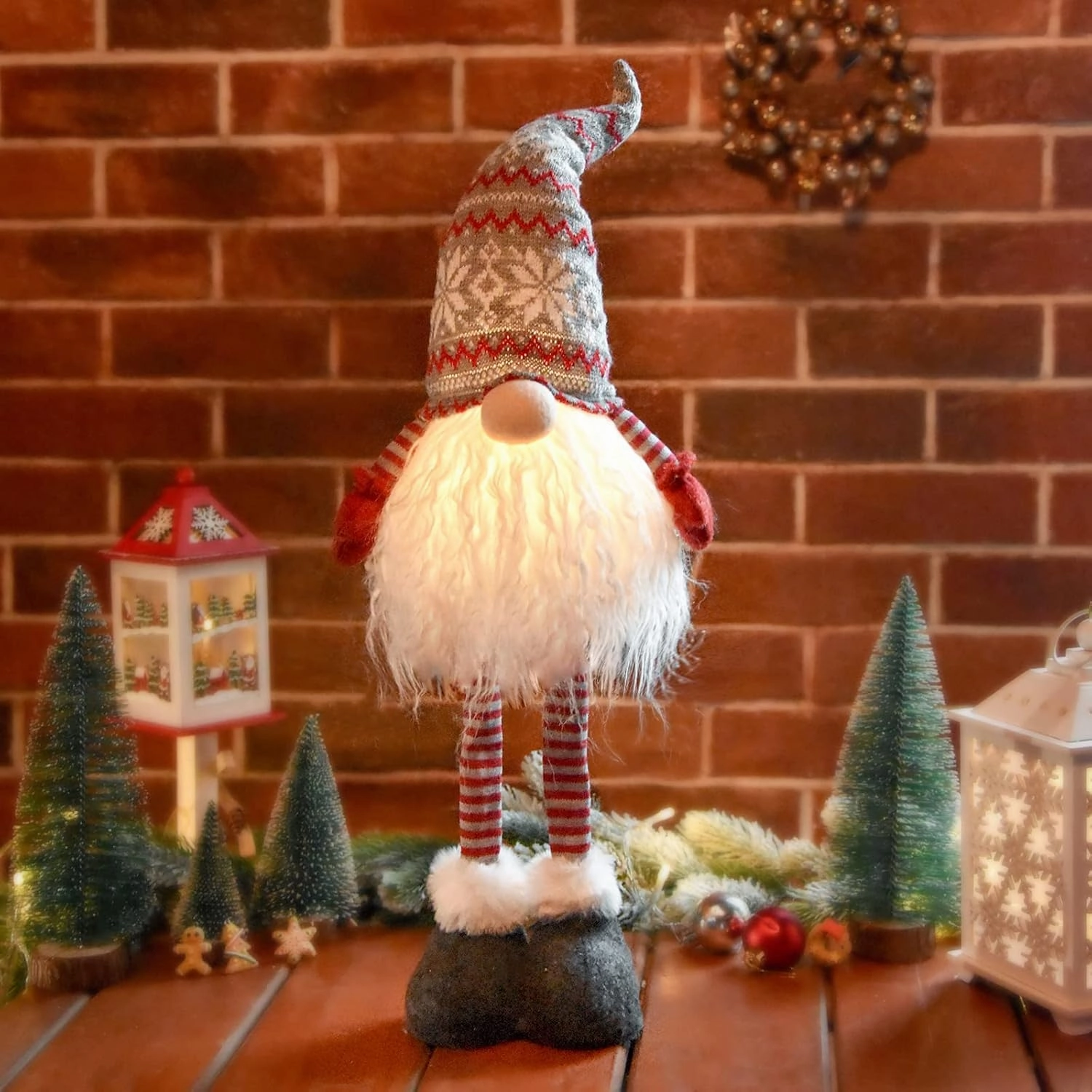 Christmas Lights Gnome Decorations for Valentine, 2024 Ornaments Handmade Xmas Standing Figurine with Grey Snow Hat, Swedish Tomte Santa Holiday Elf Decor Gifts, 24 inch, Red