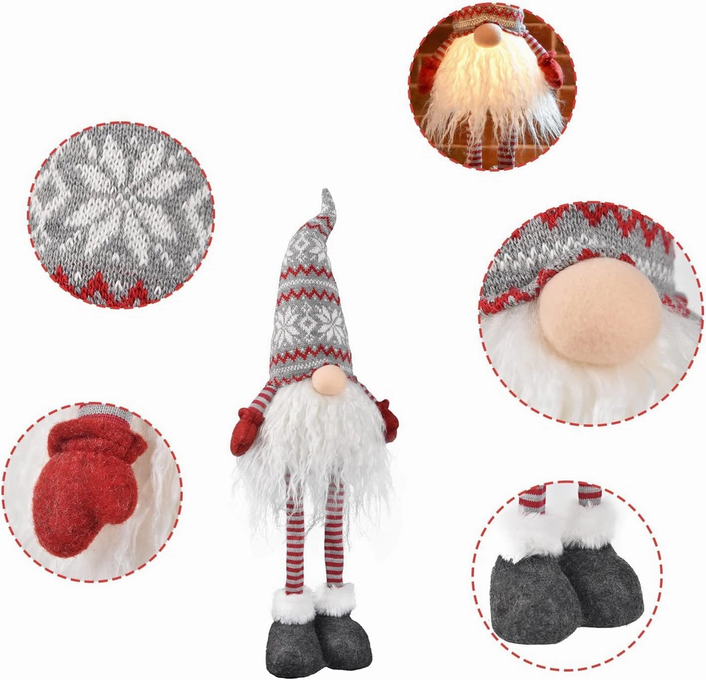 Christmas Lights Gnome Decorations for Valentine, 2024 Ornaments Handmade Xmas Standing Figurine with Grey Snow Hat, Swedish Tomte Santa Holiday Elf Decor Gifts, 24 inch, Red