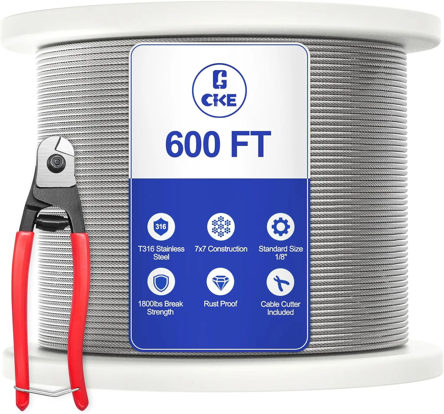 CKE 600FT 1/8" Stainless Steel Cable Railing System Hardware, T316 Marine Grade Stainless Steel Wire Rope Cable for Deck Cable Railing Kits, 7x7 Strands Aircraft Cable Wire Rope, DIY Balustrades CW600