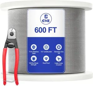 CKE 600FT 1/8" Stainless Steel Cable Railing System Hardware, T316 Marine Grade Stainless Steel Wire Rope Cable for Deck Cable Railing Kits, 7x7 Strands Aircraft Cable Wire Rope, DIY Balustrades CW600
