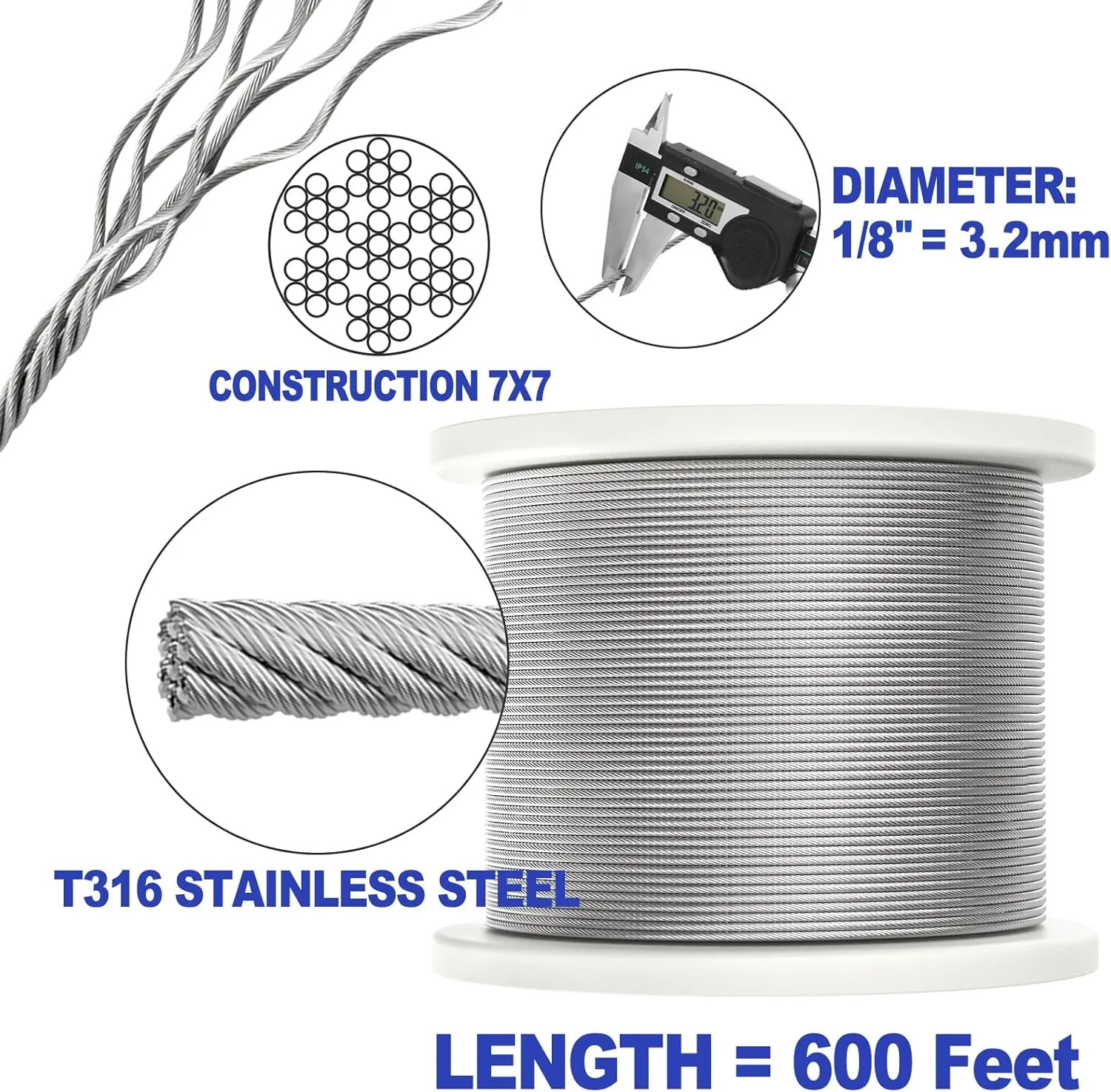 CKE 600FT 1/8" Stainless Steel Cable Railing System Hardware, T316 Marine Grade Stainless Steel Wire Rope Cable for Deck Cable Railing Kits, 7x7 Strands Aircraft Cable Wire Rope, DIY Balustrades CW600