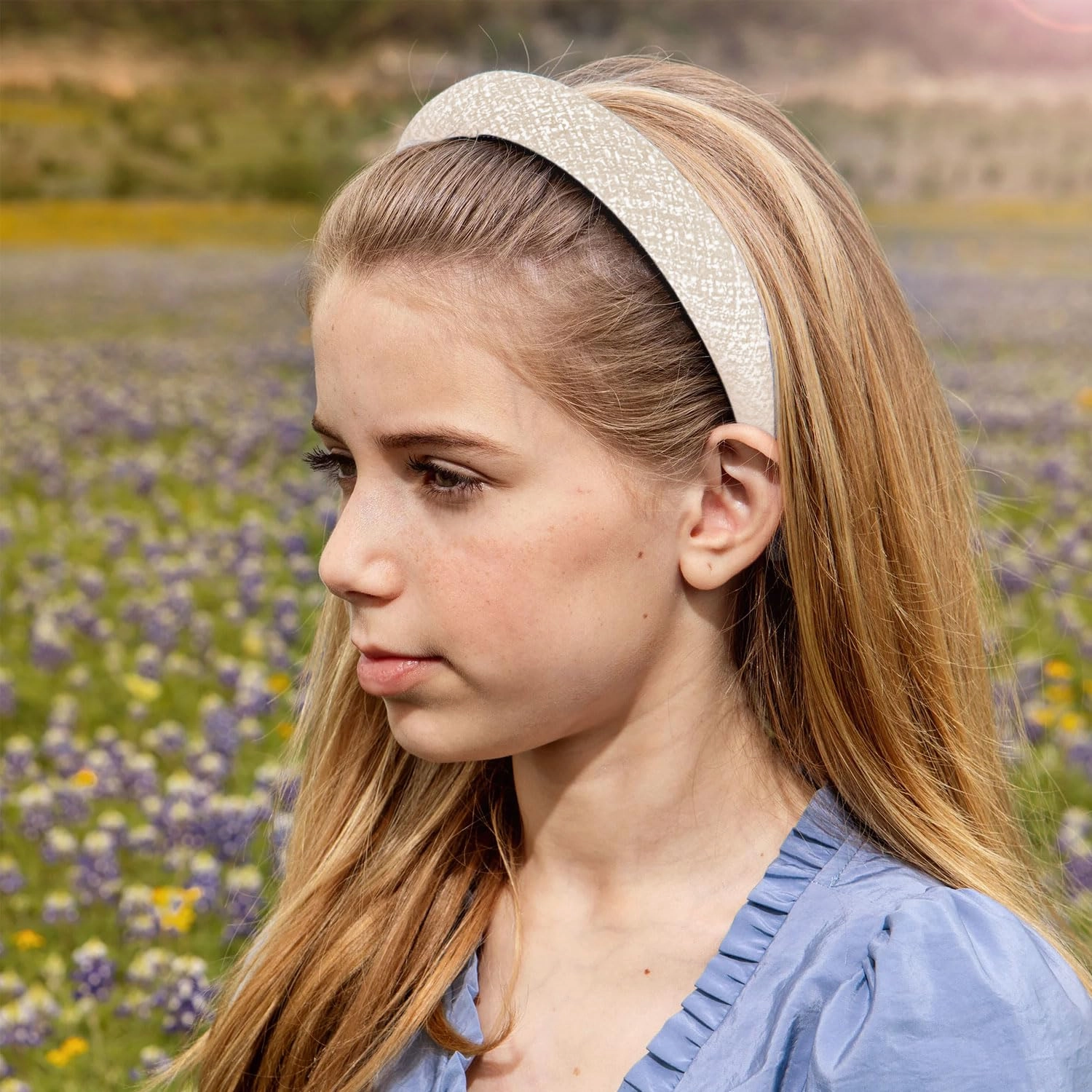 Clara Tweed Padded Headband - Ecru | Luxurious Tweed Fabric with Plush Padding | Comfortable Fit with Rubberized Teeth | Sophisticated Accessory for Casual & Polished Looks
