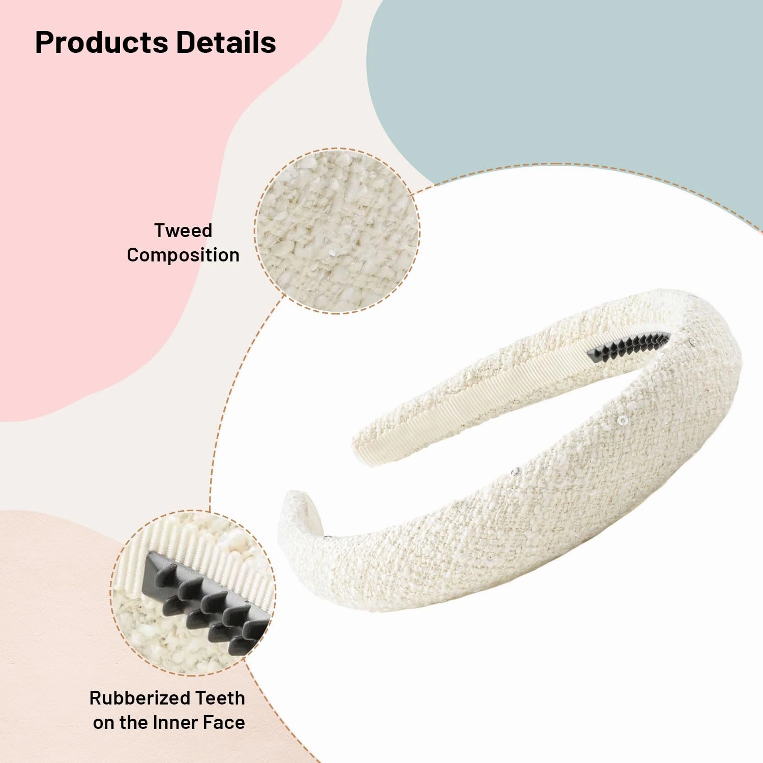 Clara Tweed Padded Headband - Ecru | Luxurious Tweed Fabric with Plush Padding | Comfortable Fit with Rubberized Teeth | Sophisticated Accessory for Casual & Polished Looks
