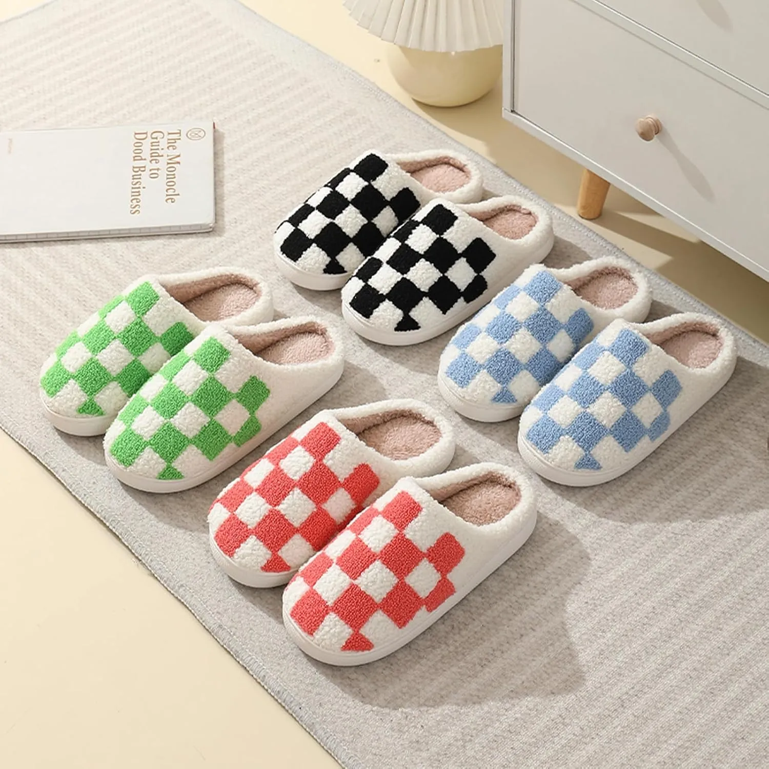 Classic House Plaid Slippers For Women Mens,Cozy Non Slip Outdoor Indoor Plush Slides Slippers