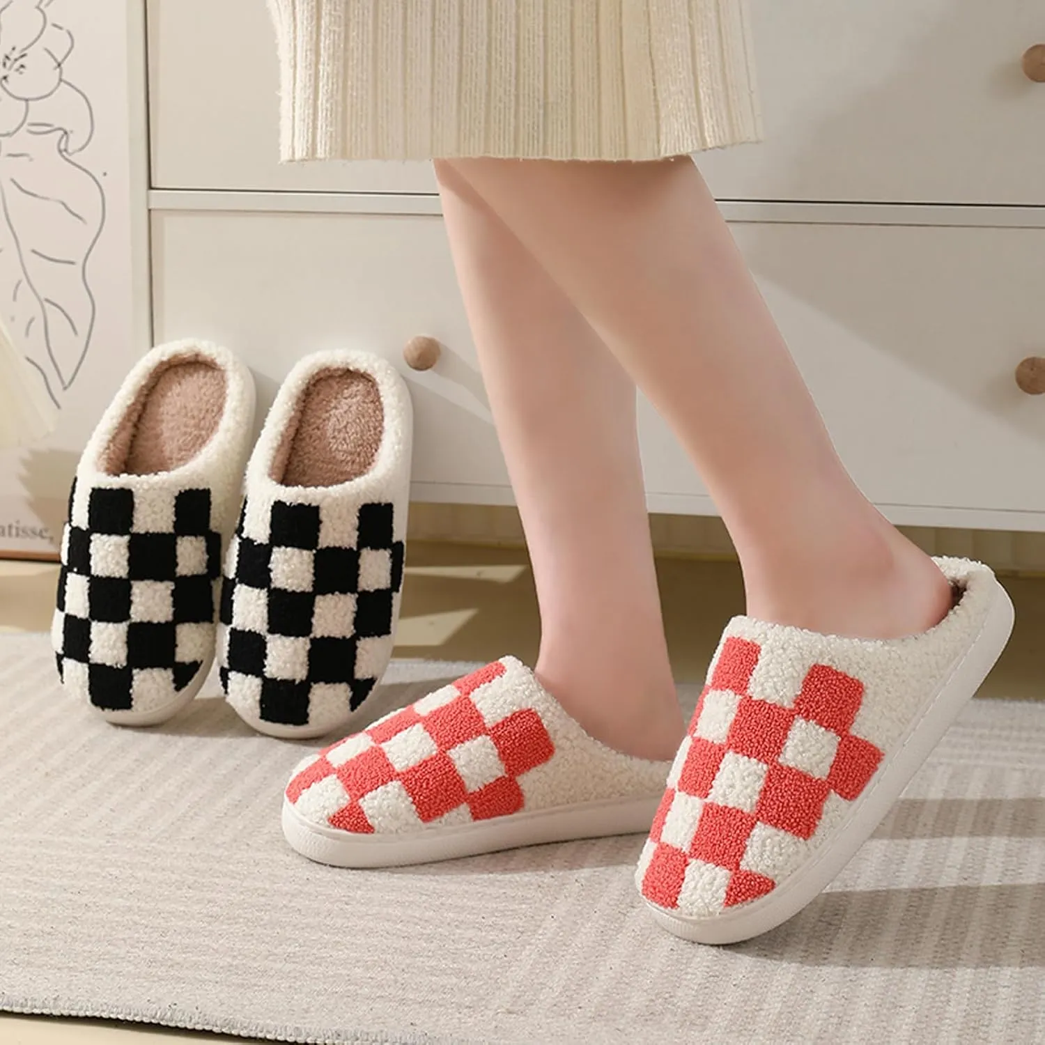 Classic House Plaid Slippers For Women Mens,Cozy Non Slip Outdoor Indoor Plush Slides Slippers