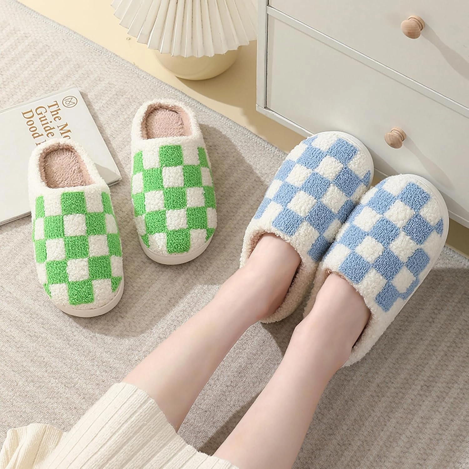Classic House Plaid Slippers For Women Mens,Cozy Non Slip Outdoor Indoor Plush Slides Slippers