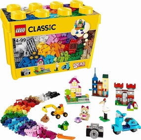 Classic Large Creative Brick Storage Box Set, Building Toys for 4 plus Year Old Kids, Boys & Girls, Construction Toy with Windows, Doors, Wheels and Green Baseplate 10698
