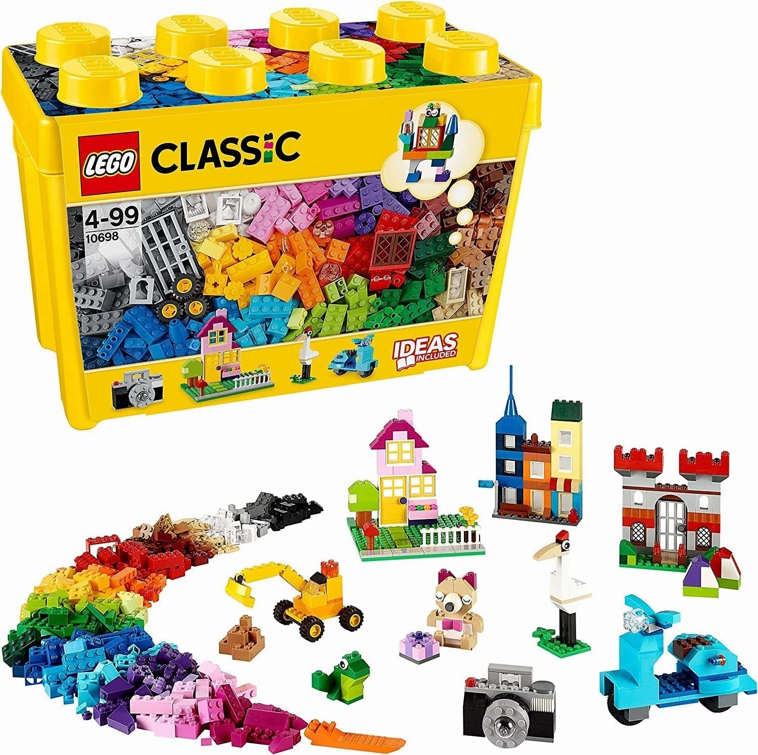 Classic Large Creative Brick Storage Box Set, Building Toys for 4 plus Year Old Kids, Boys & Girls, Construction Toy with Windows, Doors, Wheels and Green Baseplate 10698